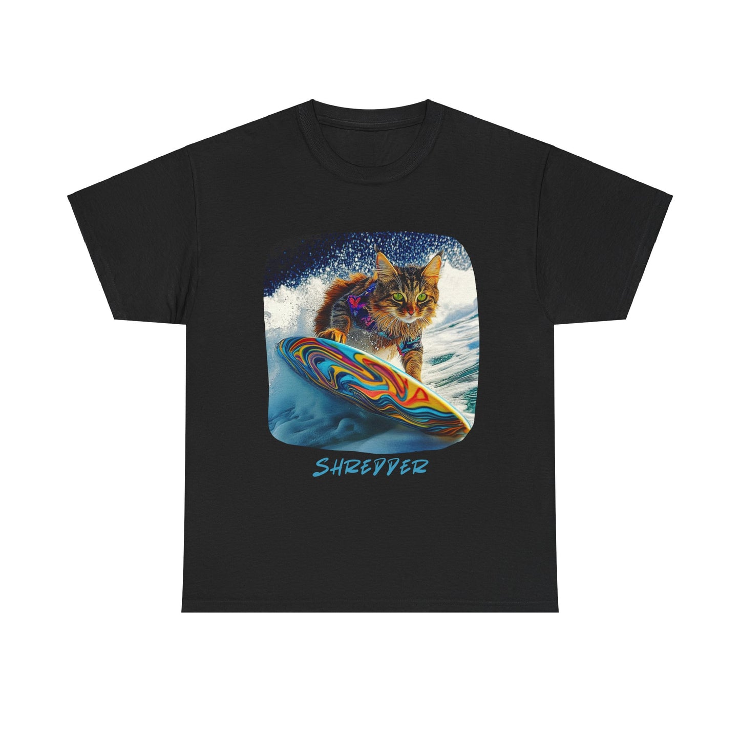 Shredder Surfer Cat, "Shredder" T-shirt, Cat on Surfboard Graphic Tee- Water Sports Cat (V1) Cat Art Gift - Cool Cats Unisex Heavy Cotton Tee T-Shirt