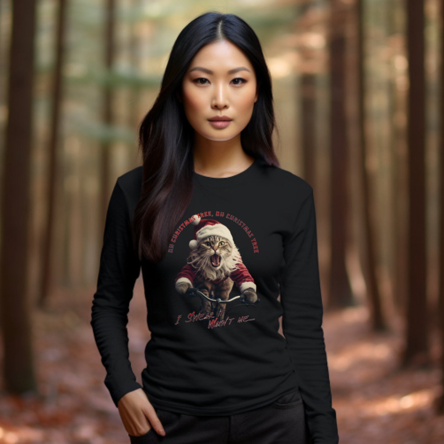 "Oh Christmas Tree Oh Christmas Tree" Christmas Cat, Cats on Bikes, Christmas Caroling Cats - Unisex Long Sleeve Jersey Cotton Shirt Mens Women's Cat Gift Oh Christmas Tree