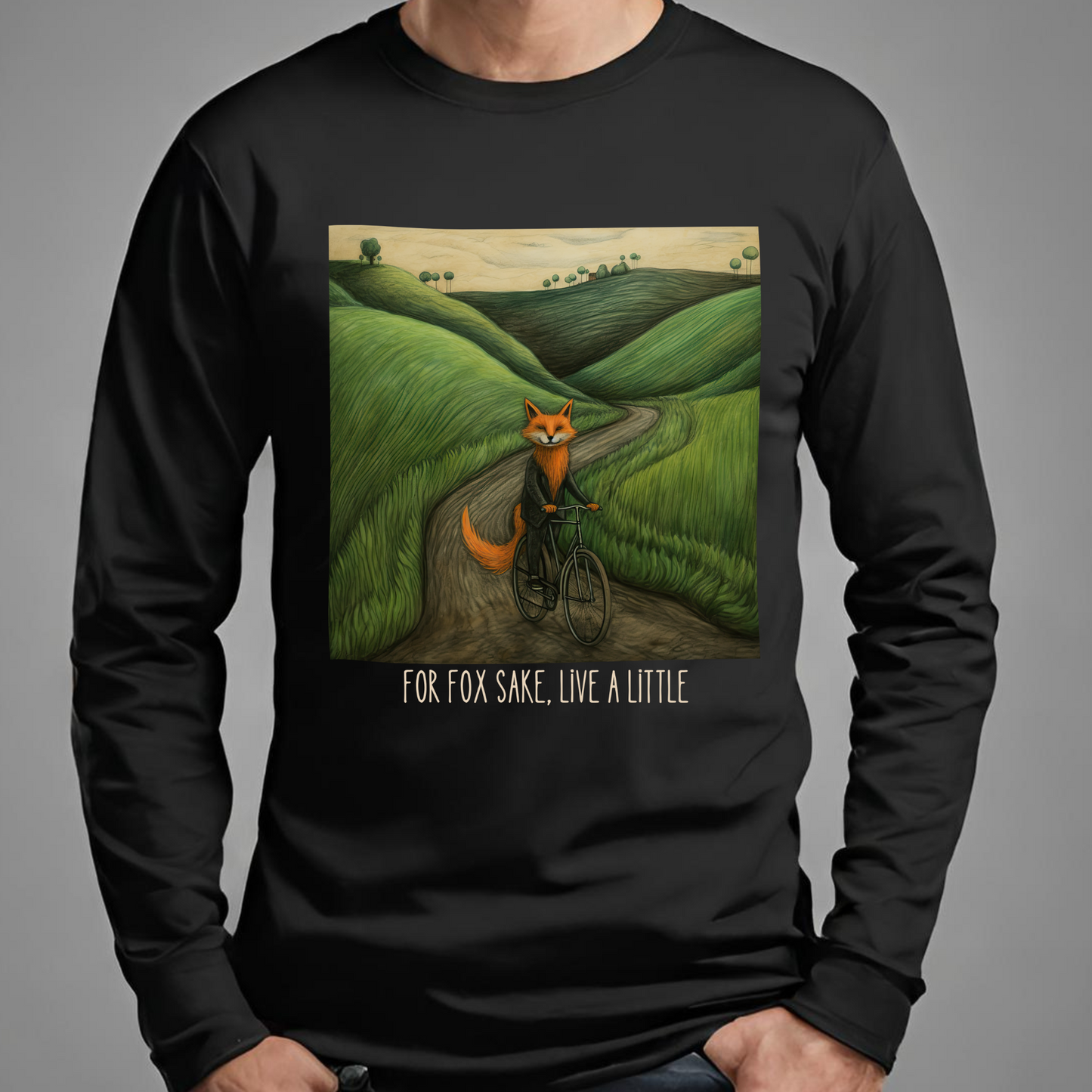 "For Fox Sake" - Red Fox on a Bicycle- Fox & Cycling Lover's Gift - Unisex Jersey Long Sleeve Tee Shirt, T-Shirt, Fox Lovers Gift
