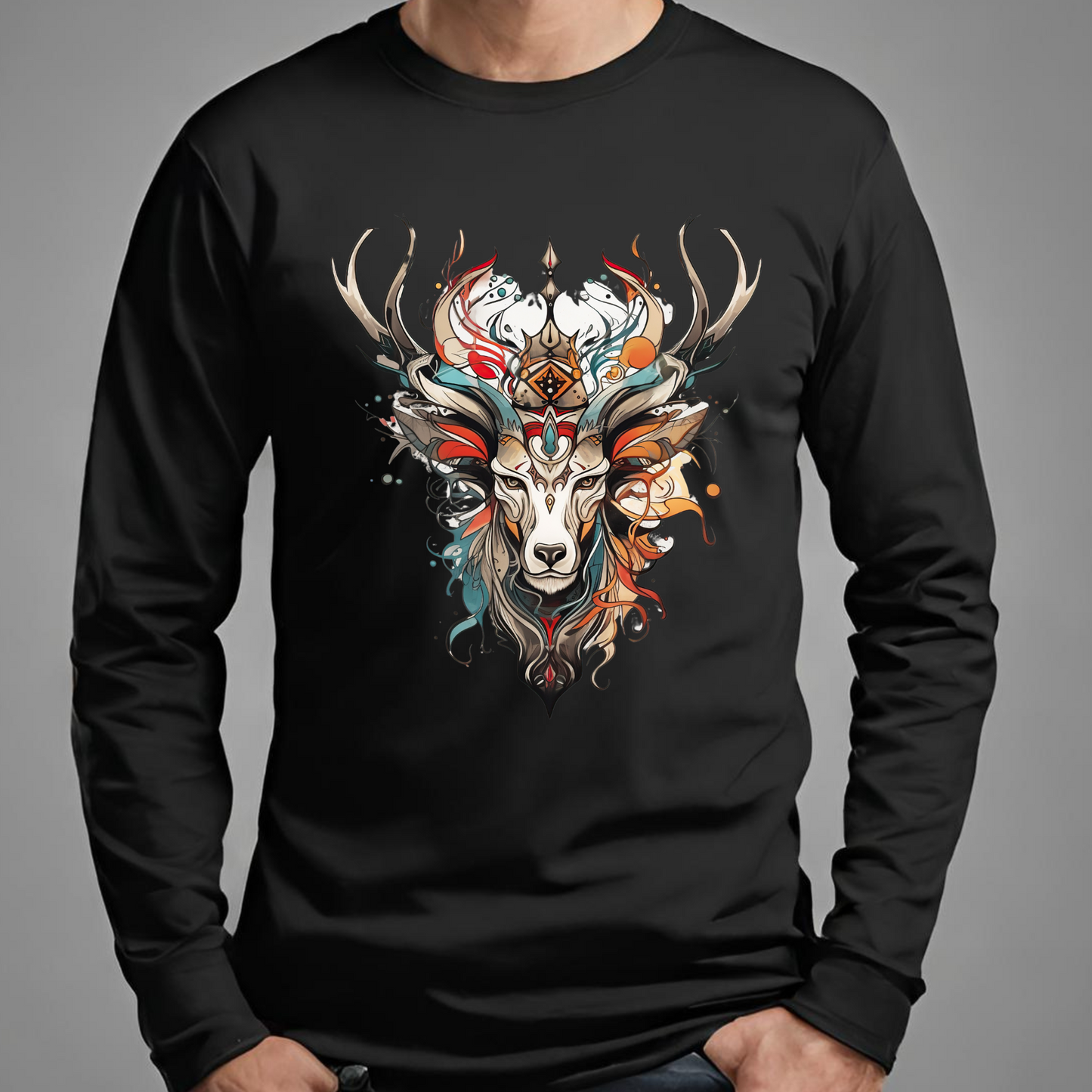 Reindeer Shirt, Deer - Reindeer, Lover's Gift Unisex Jersey Long Sleeve Tee Shirt, T-Shirt, Exotic or Tribal Reindeer
