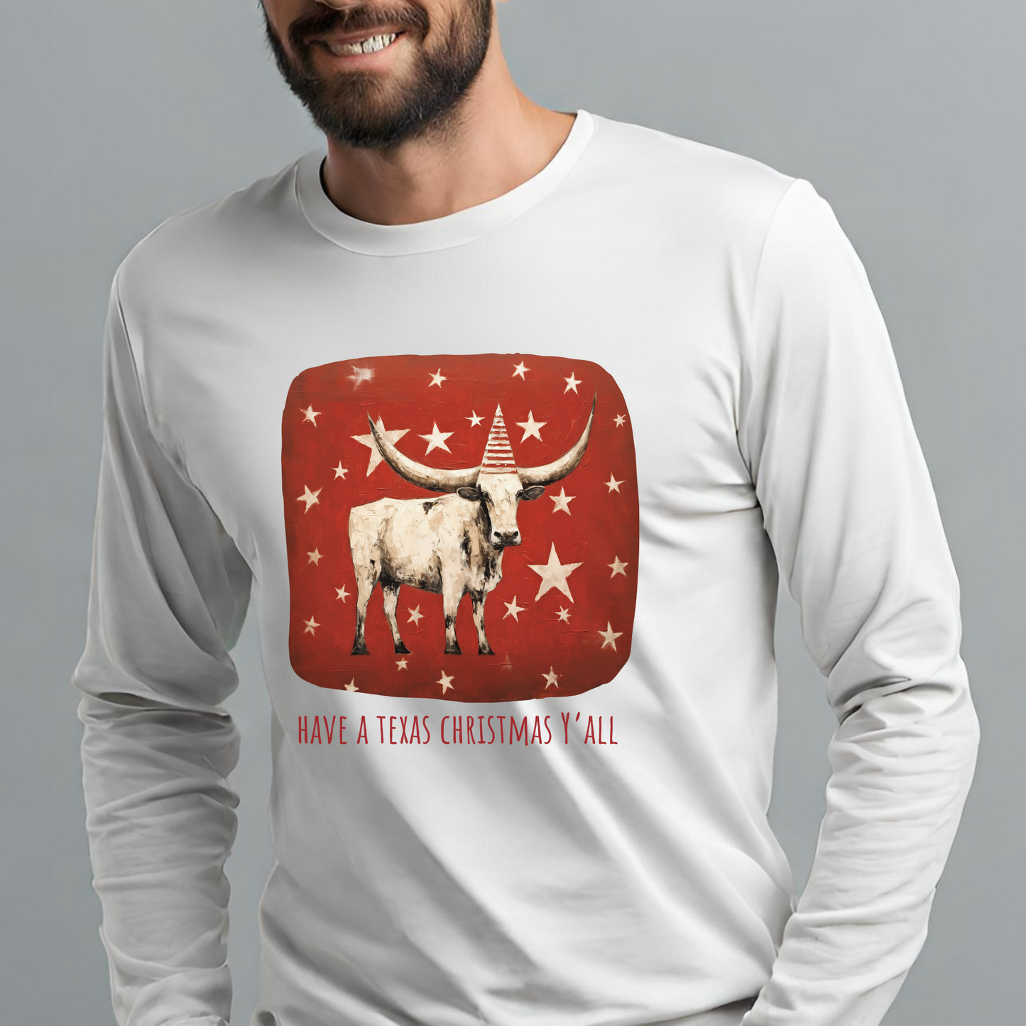 Have a Texas Christmas, Y'all! Texas Longhorn Holiday Shirt, White Cattle Longhorn Graphic Tee Long Sleeve Shirt Gift Unisex Jersey Long Sleeve Tee Shirt, T-Shirt