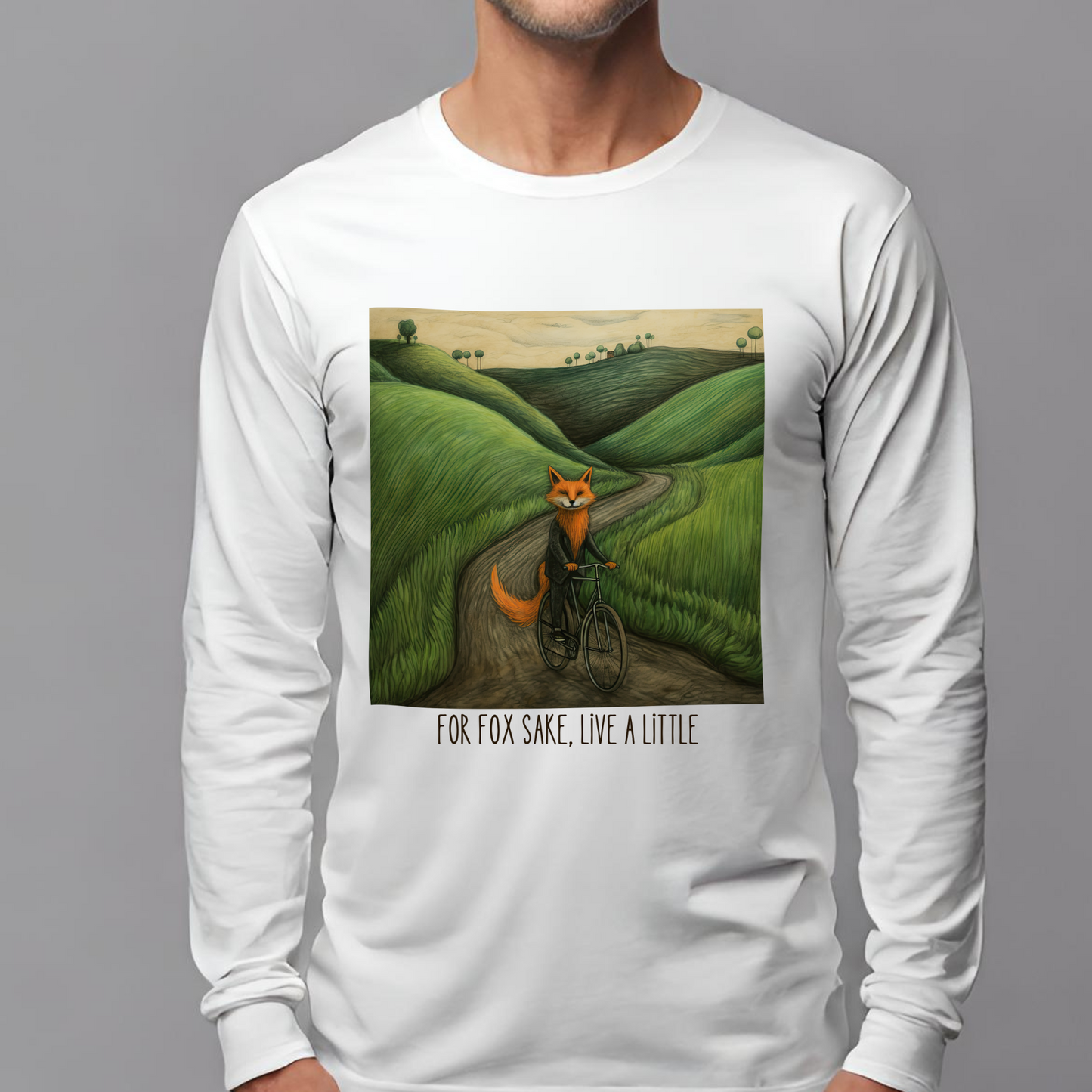 "For Fox Sake" - Red Fox on a Bicycle- Fox & Cycling Lover's Gift - Unisex Jersey Long Sleeve Tee Shirt, T-Shirt, Fox Lovers Gift