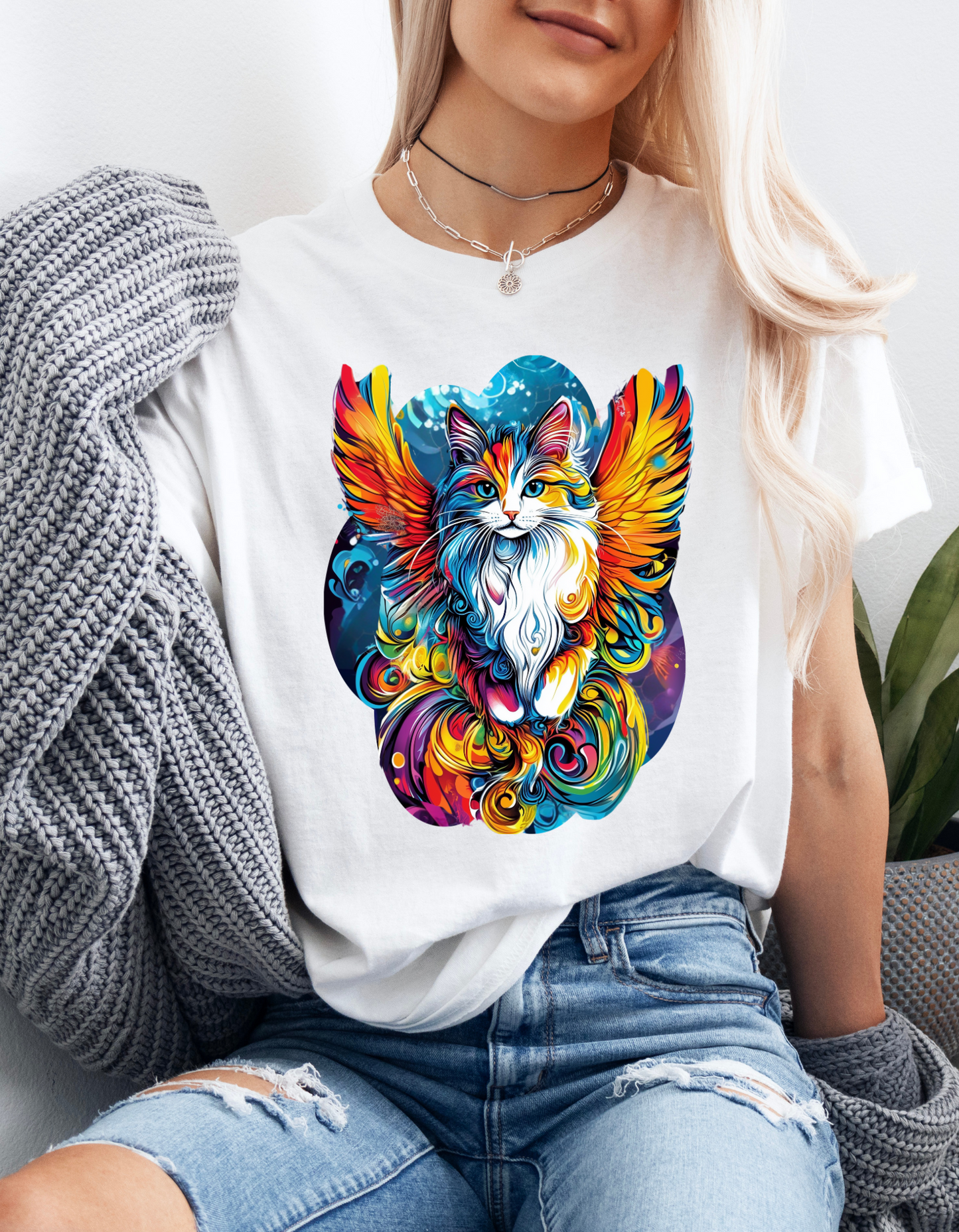Tattoo Style Cat Angel, Cat Memorial - Cat with Angel Wings Graphic Tee- Cat Gift Unisex Heavy Cotton Tee T-Shirt