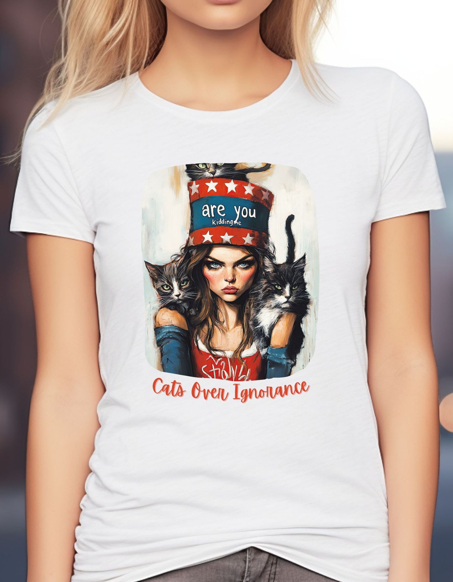 Childless Cat Lady Shirt - "Cats Over Ignorance" - (Version 2) T-shirt, Ladies Cut T's,