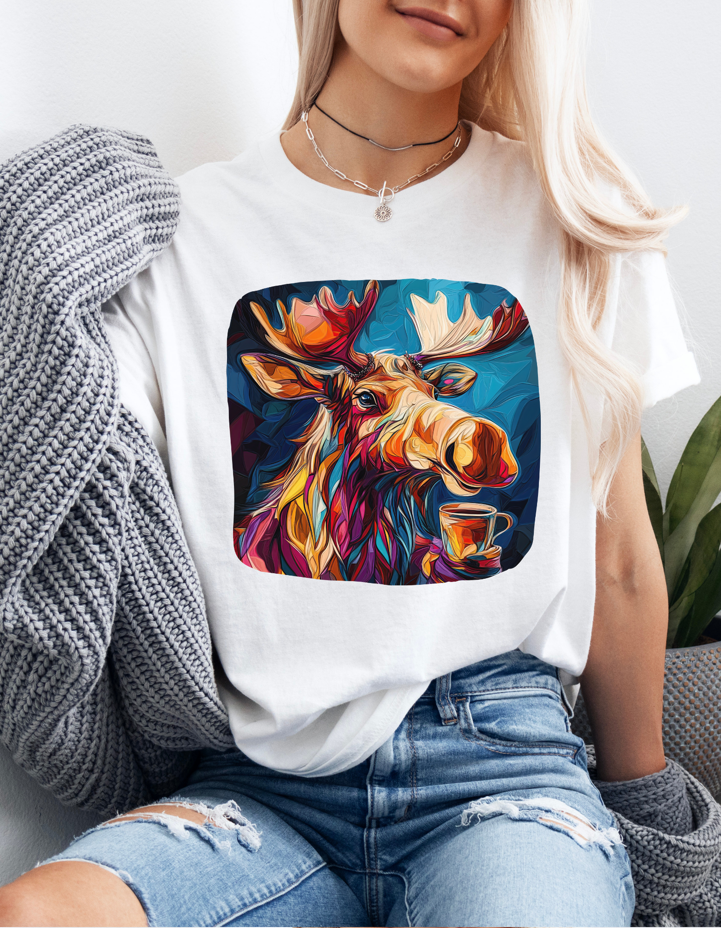 Moose and Coffee, Boho Painterly Coffee Moose - Moose Lover Unisex Heavy Cotton Tee T-Shirt
