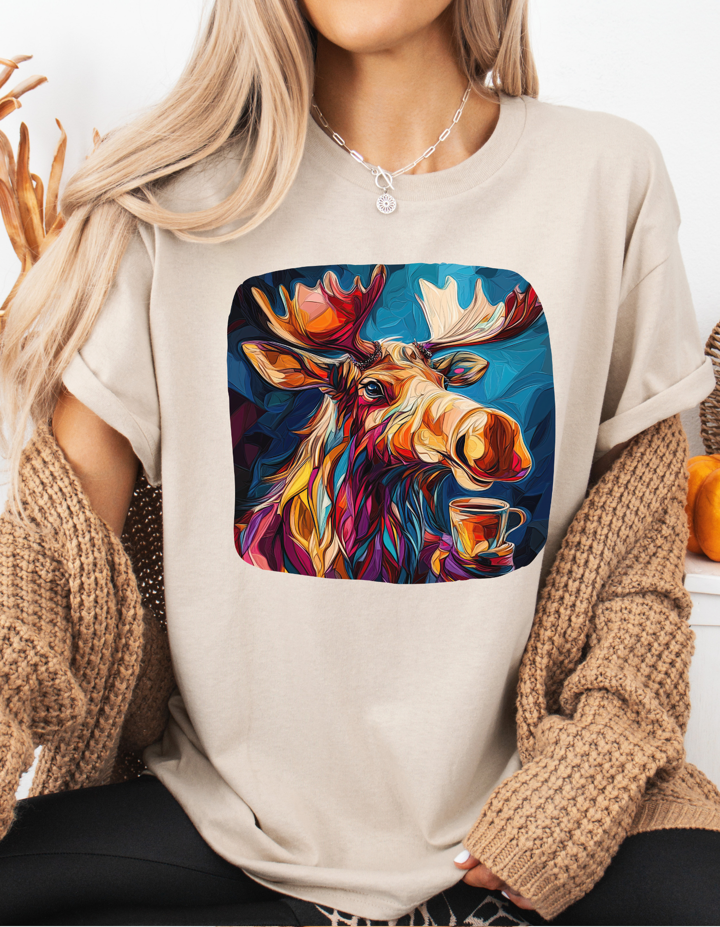 Moose and Coffee, Boho Painterly Coffee Moose - Moose Lover Unisex Heavy Cotton Tee T-Shirt