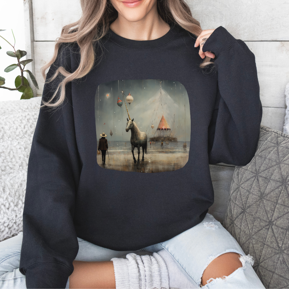 Unicorn on a Pier, Lone Unicorn Holiday Sweatshirt, Whimsical HolidayUnicorn Gift, Christmas Shirt Unisex Sweatshirt Sweat Shirt