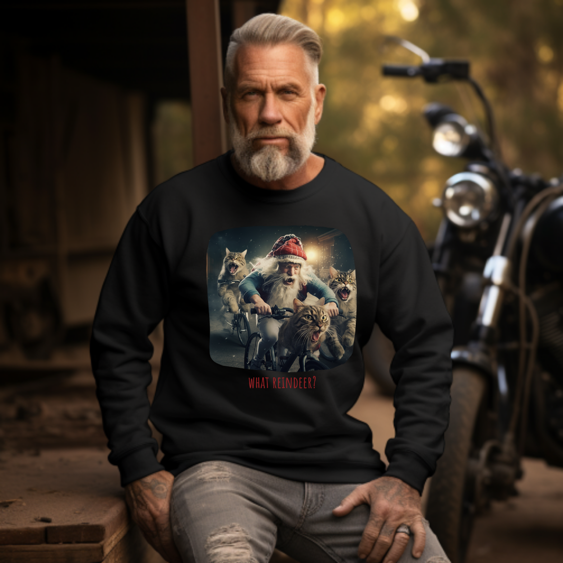 What Reindeer? Cat Brigade Santa on Cycle, Christmas Cat, Cat Bicycle Lovers Gift, Kitty Cat Christmas Shirt Unisex Sweatshirt Sweat Shirt, Many Colors
