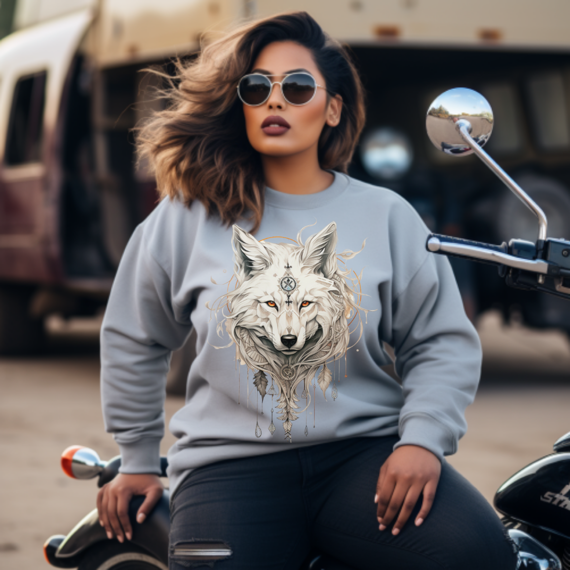 Tribal Style White Wolf, Lone Wolf Sweatshirt, Wolf Totem Gift, Canada, Northern US Wolf Conservation Shirt Unisex Sweatshirt Sweat Shirt