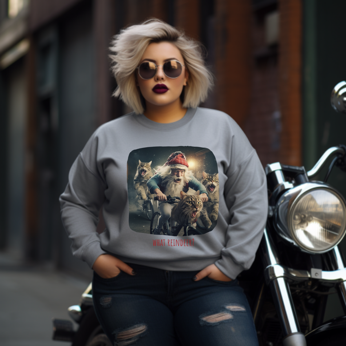 What Reindeer? Cat Brigade Santa on Cycle, Christmas Cat, Cat Bicycle Lovers Gift, Kitty Cat Christmas Shirt Unisex Sweatshirt Sweat Shirt, Many Colors