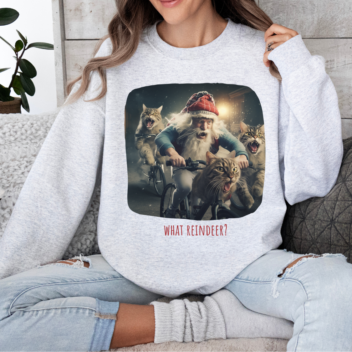What Reindeer? Cat Brigade Santa on Cycle, Christmas Cat, Cat Bicycle Lovers Gift, Kitty Cat Christmas Shirt Unisex Sweatshirt Sweat Shirt, Many Colors