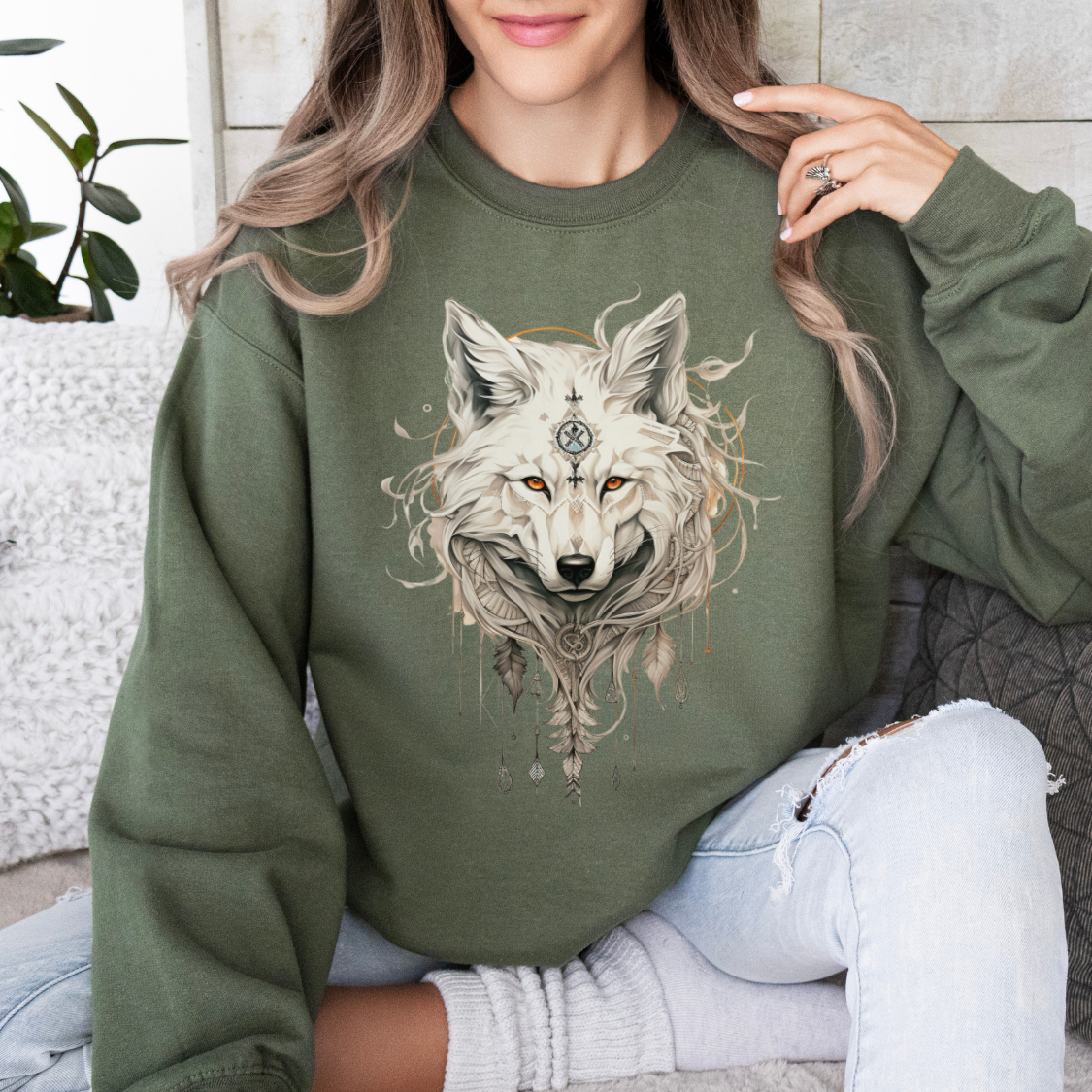 Tribal Style White Wolf, Lone Wolf Sweatshirt, Wolf Totem Gift, Canada, Northern US Wolf Conservation Shirt Unisex Sweatshirt Sweat Shirt
