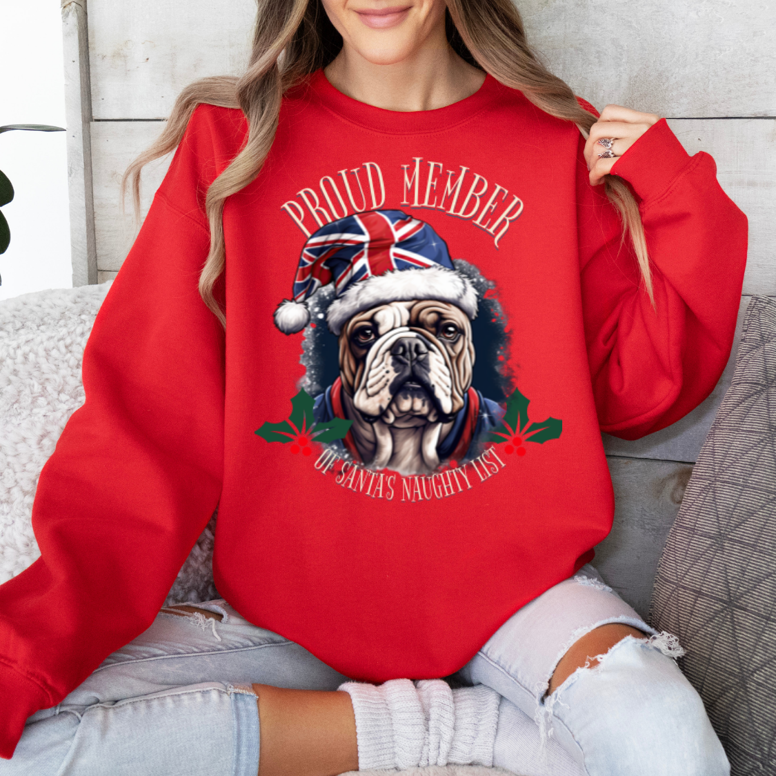 Santa's Naughty List British English Bulldog Anglophile Christmas Unisex Long Sleeve Jersey Cotton Shirt Mens Womens Sweatshirt Sweat Shirt
