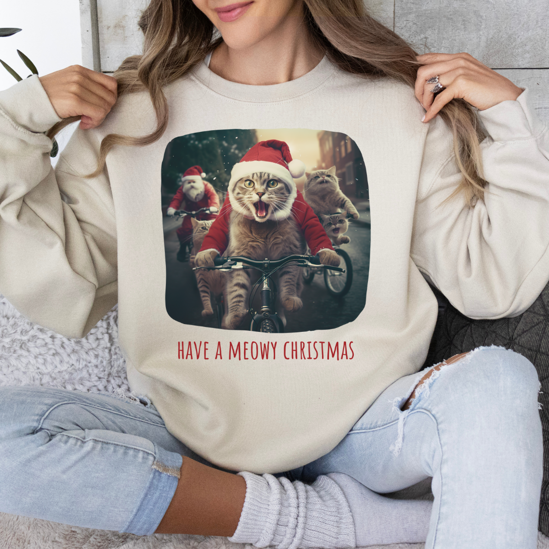 Meowy Christmas Cat, Cat Lovers Gift, Kitty Cat Christmas Shirt Unisex Sweatshirt Sweat Shirt, Many Colors