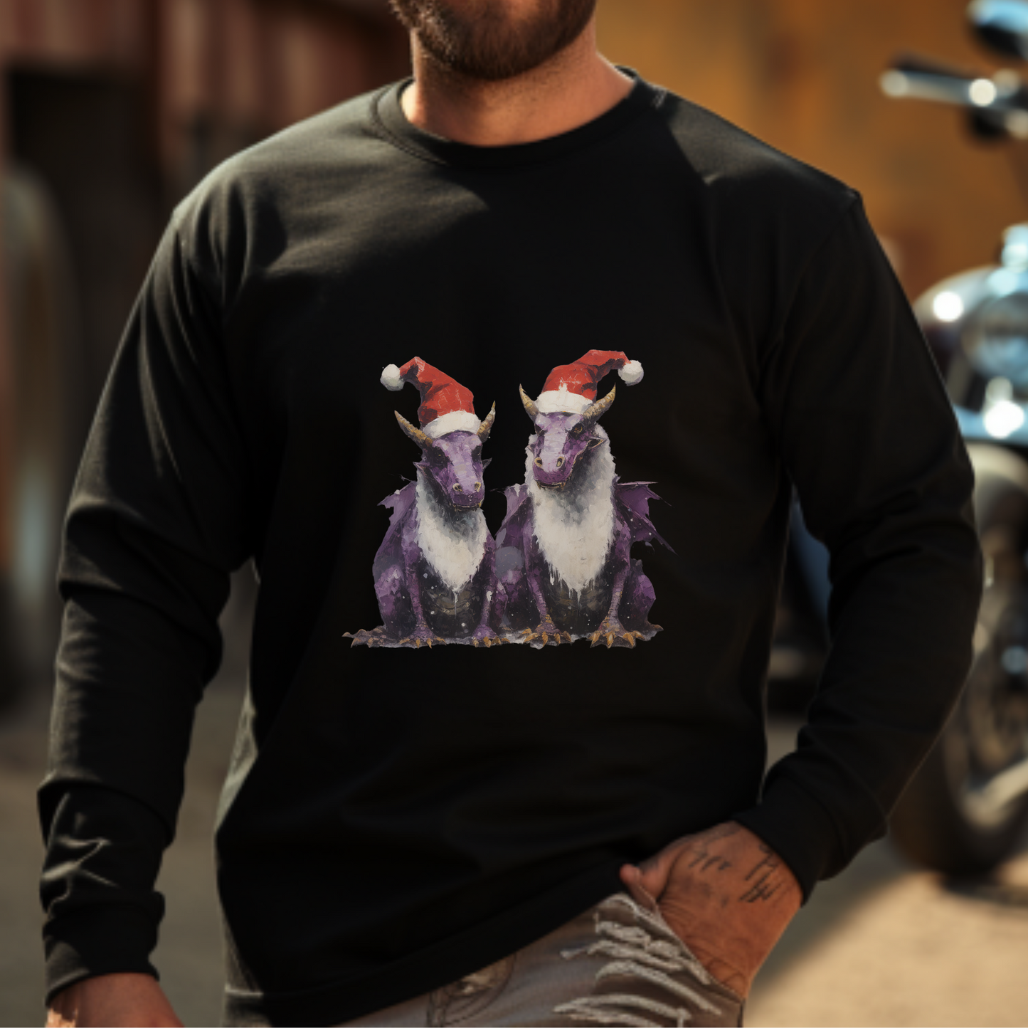Christmas Dragons, Dragon Art, Purple Dragon in Santa Hat Holiday Shirt Long Sleeve T-shirt Ultra Cotton Long Sleeve Tee t Gift Holiday Fun
