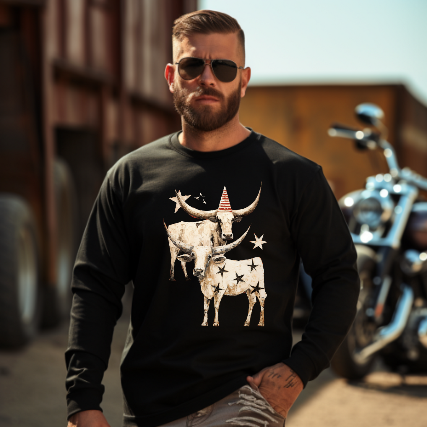 Texas Longhorn Cattle Graphic Tee, Oklahoma Cattle Country, Rodeo Gift, Cow Stars Long Sleeve T-shirt Ultra Cotton Long Sleeve Tee T-Shirt