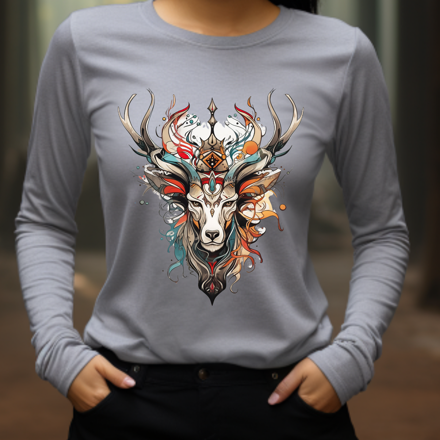 Reindeer Shirt, Deer - Reindeer, Lover's Gift Unisex Jersey Long Sleeve Tee Shirt, T-Shirt, Exotic or Tribal Reindeer