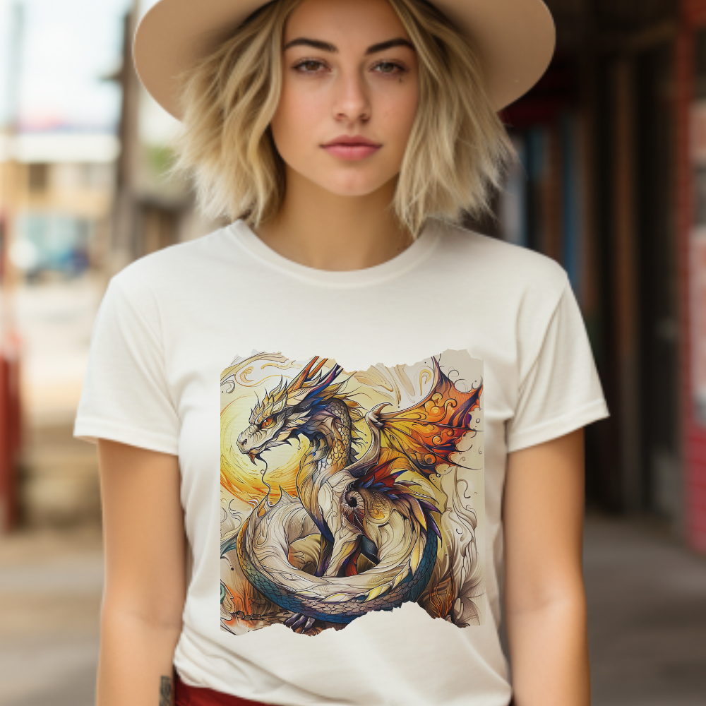 Dragons Yellow Sun Graphic Tee - Dragons and Ancestors - Dragon Lovers Unisex Heavy Cotton Tee T-Shirt