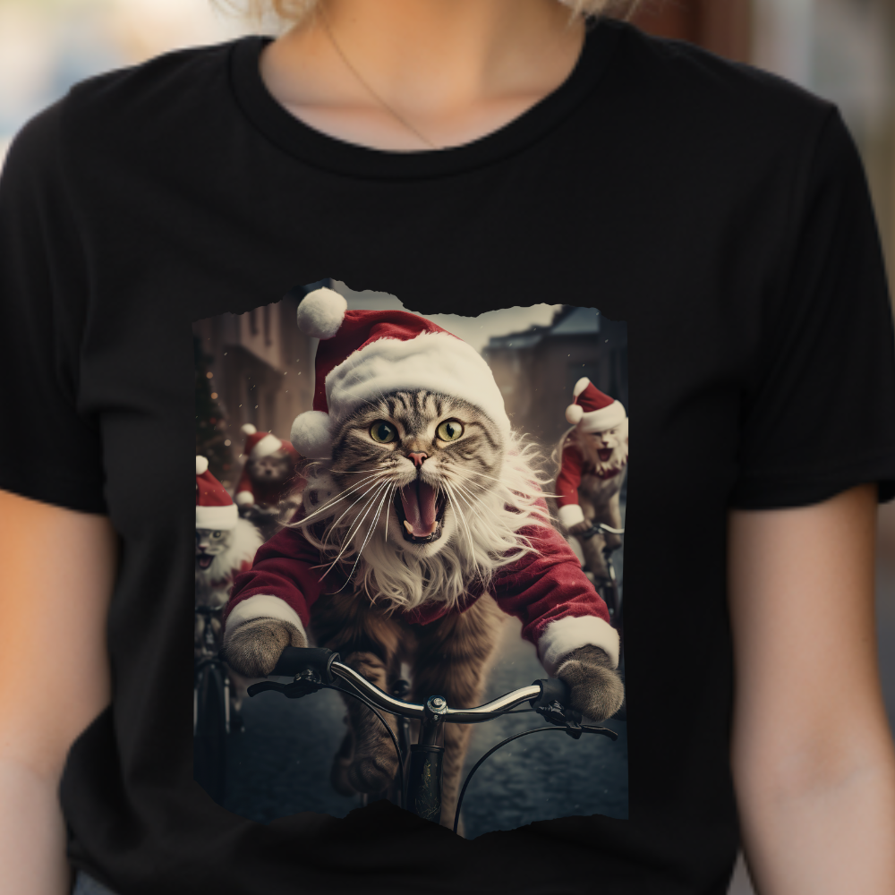 Screaming Cats on Bikes Holiday Christmas Cat Shirt, Cat Lover's Graphic Tee Graphic Unisex T- Shirt, T-Shirt Cat Lovers Gift Softstyle T-Shirt Tee Christmas JumperTeeshirt Stylized Cat
