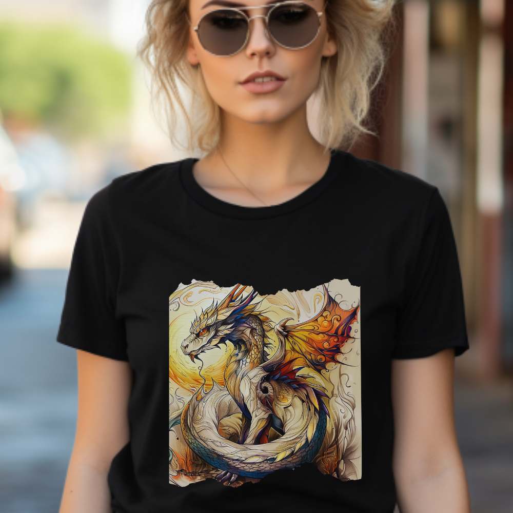 Dragons Yellow Sun Graphic Tee - Dragons and Ancestors - Dragon Lovers Unisex Heavy Cotton Tee T-Shirt