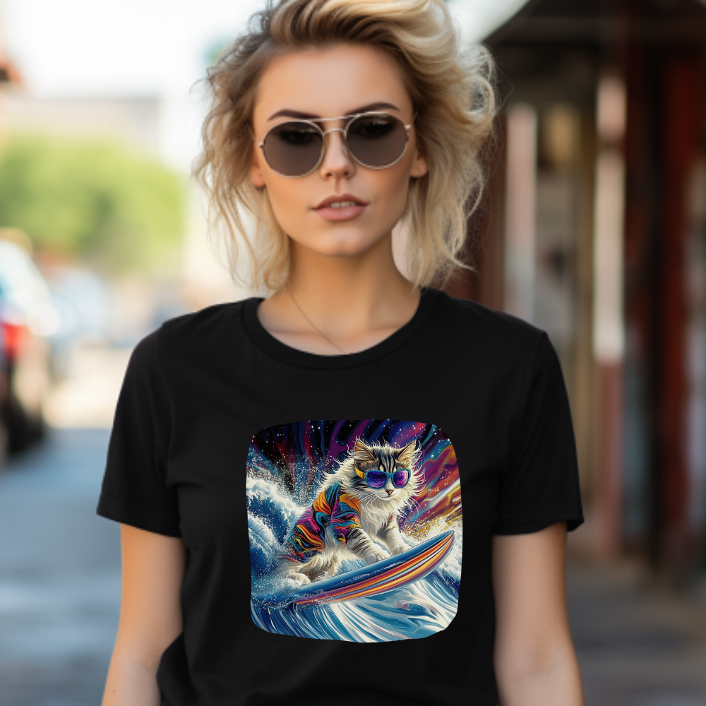 Rip Girl Surfing Surfer Cat, Cat on Surfboard Graphic Tee- Water Sports Cat (V1) Cat Art Gift - Cool Cats Unisex Heavy Cotton Tee T-Shirt