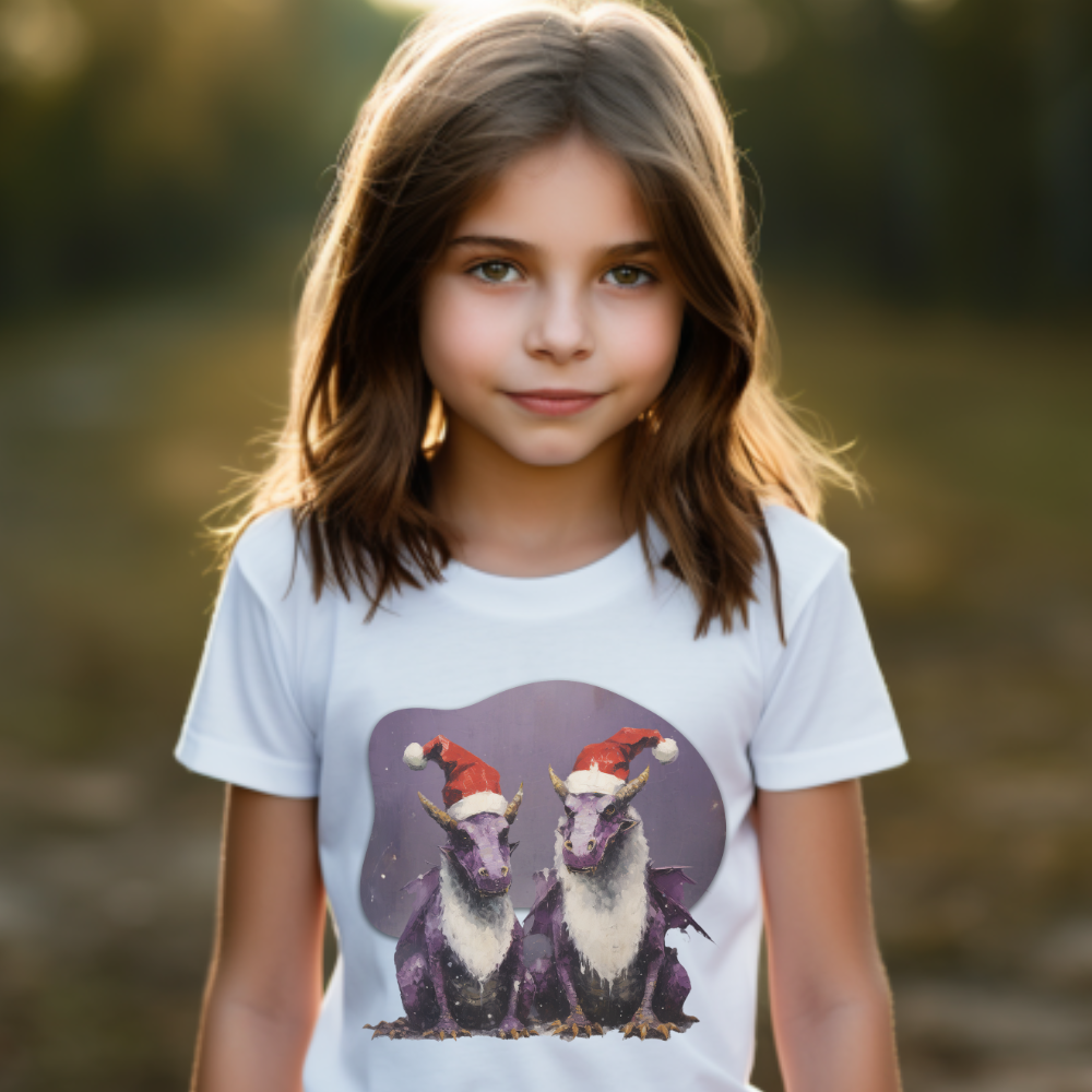 Christmas Dragons, Unisex, Kids Heavy Cotton™ Tee, T-Shirt, Boys Girls Teeshirt, Purple Dragon With Santa Hat- Multi color tee