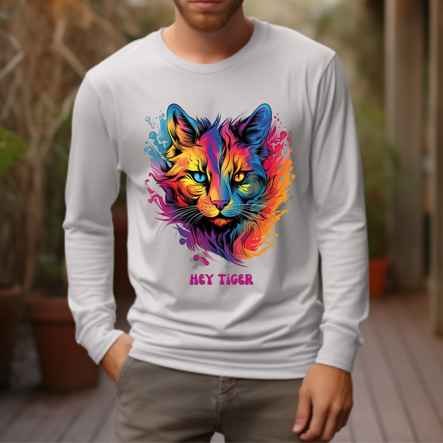 'Hey Tiger,' Pride Rainbow Colors Cat Long Sleeve Shirt LGBTQ+ Unisex Jersey Long Sleeve Tee Shirt, T-Shirt, Cat Lover