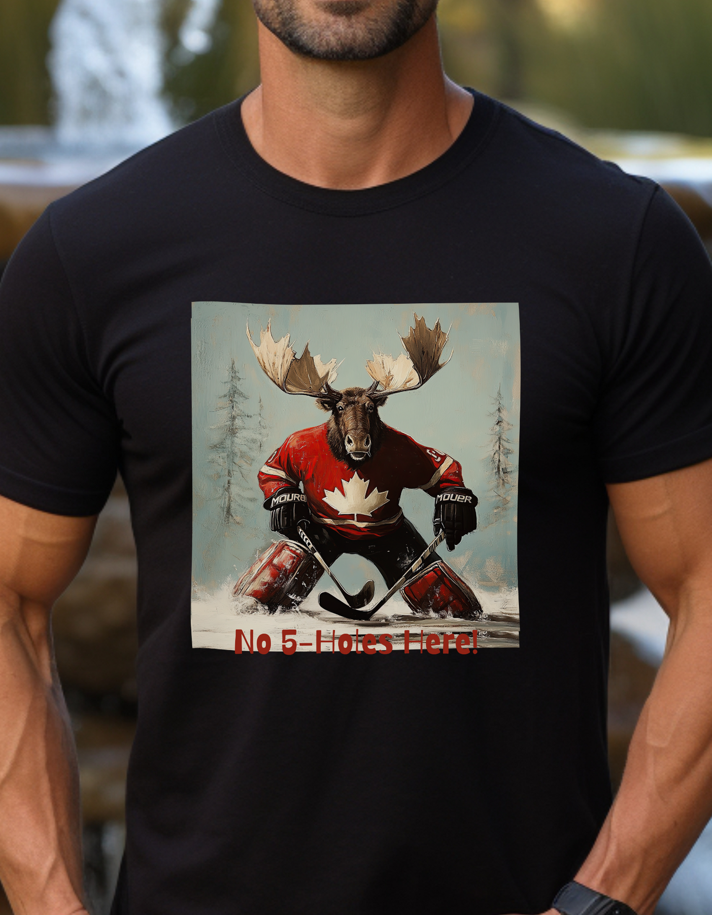 "No 5-Holes Here!" Hockey Player Goalie Moose - Moose Lover Hockey Graphic Tee Unisex Heavy Cotton Tee T-Shirt