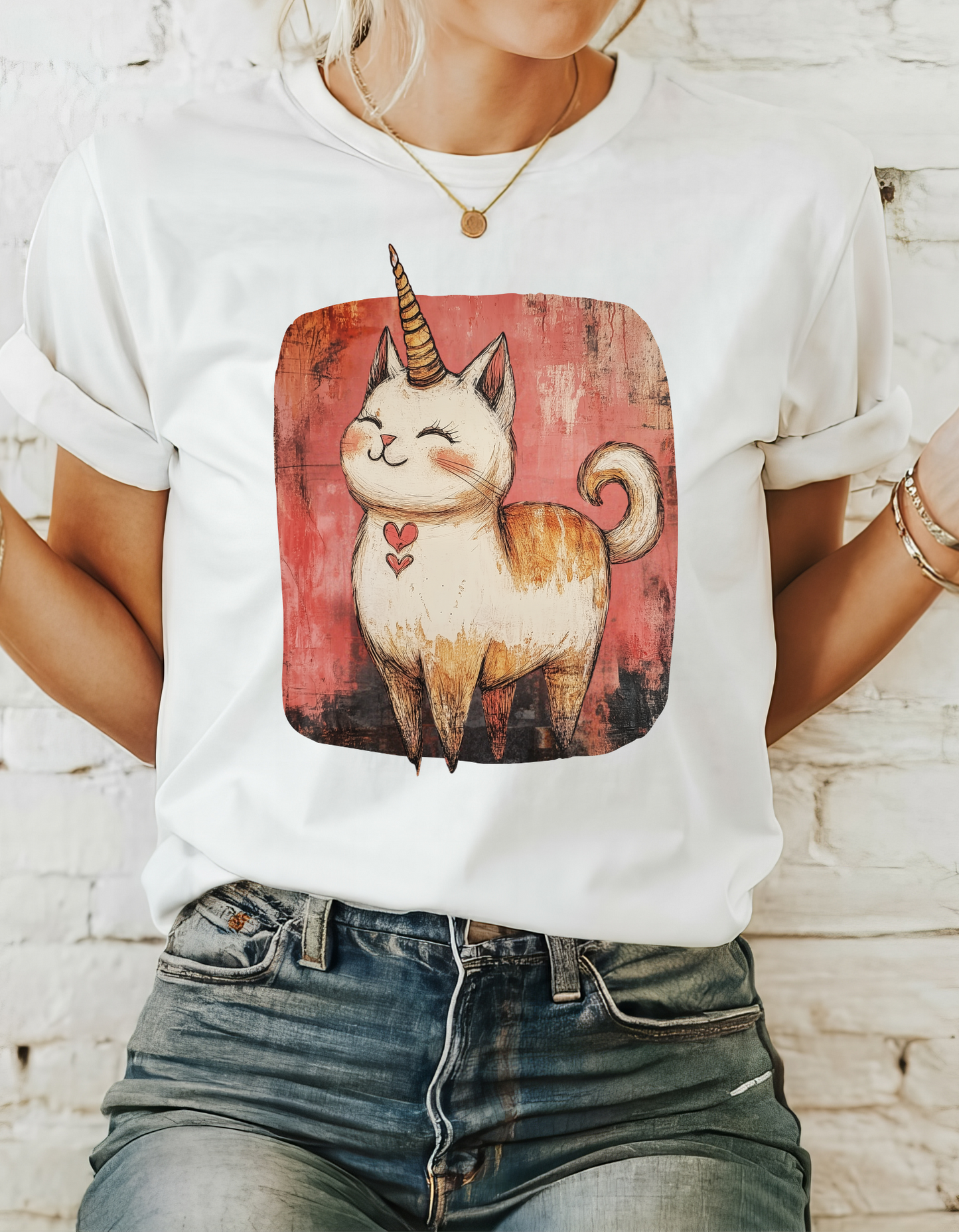 Adorable Kawaii Neko Unicorn Cat Graphic Tee - Cat Unicorn Mythical Creature Gift Unisex Adult Size Heavy Cotton Tee T-Shirt