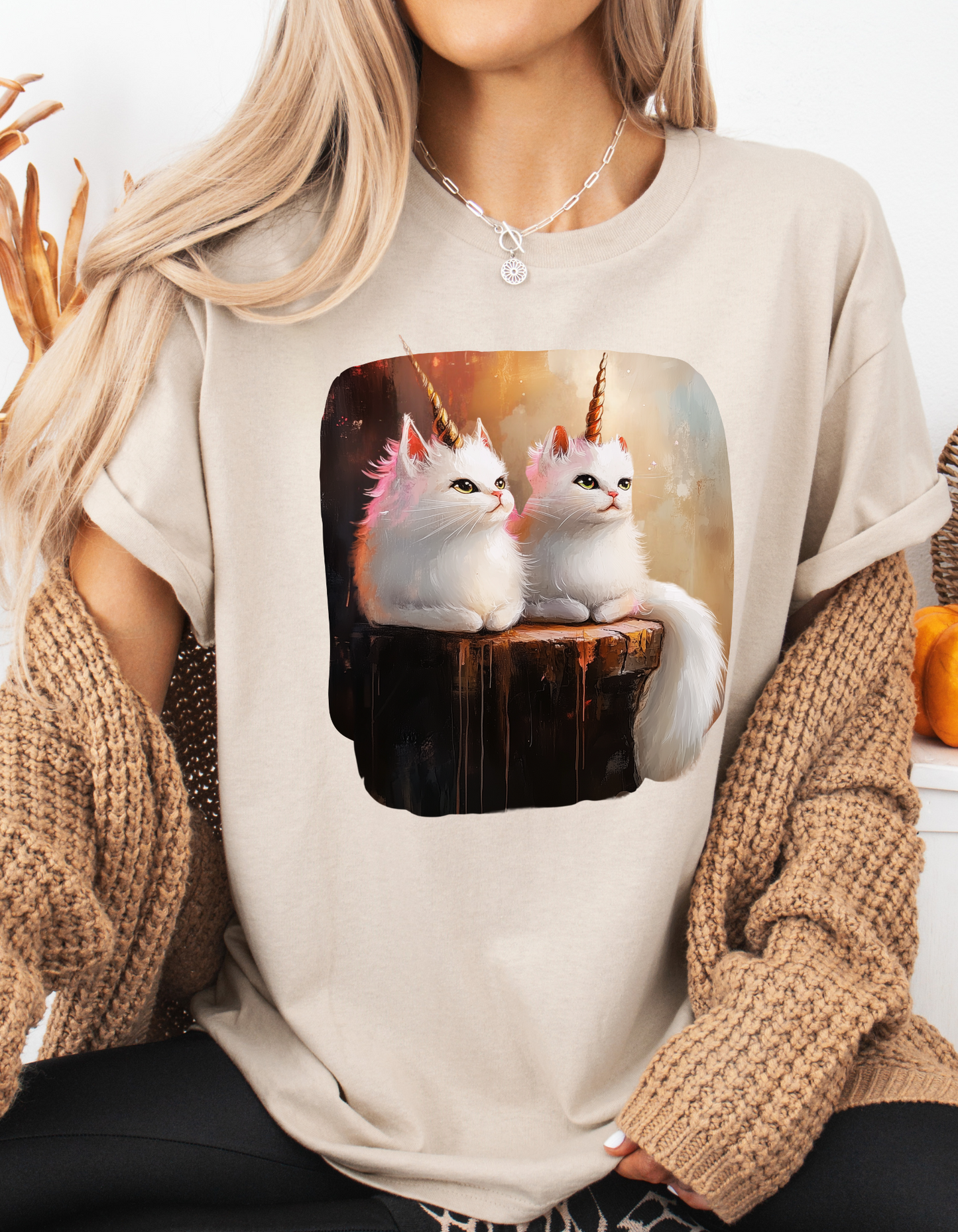Fluffy White Kawaii Unicorn Cat Graphic Tee - Cat Unicorn Mythical Creature Gift Unisex Adult Size Heavy Cotton Tee T-Shirt