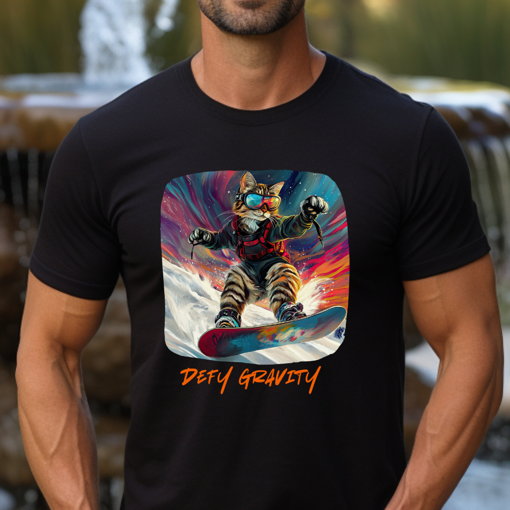 Defy Gravity Snowboard Cat Graphic Tee - Extreme Winter Sports Ski Cat Art Gift - Cool Cats Unisex Heavy Cotton Tee T-Shirt