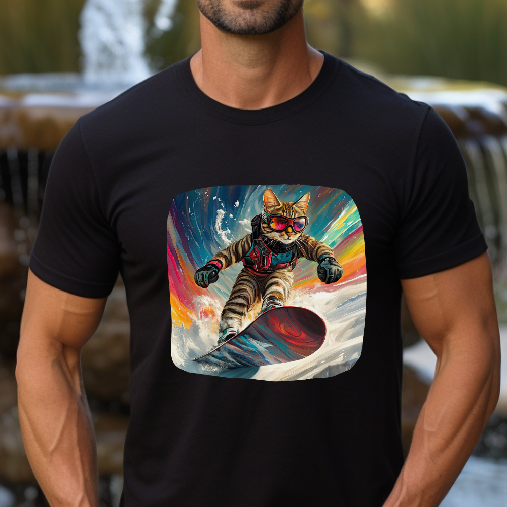 Snowboard Cat, (V2) Winter Apres Ski Cat Art Gift - Cool Cats Unisex Heavy Cotton Tee T-Shirt
