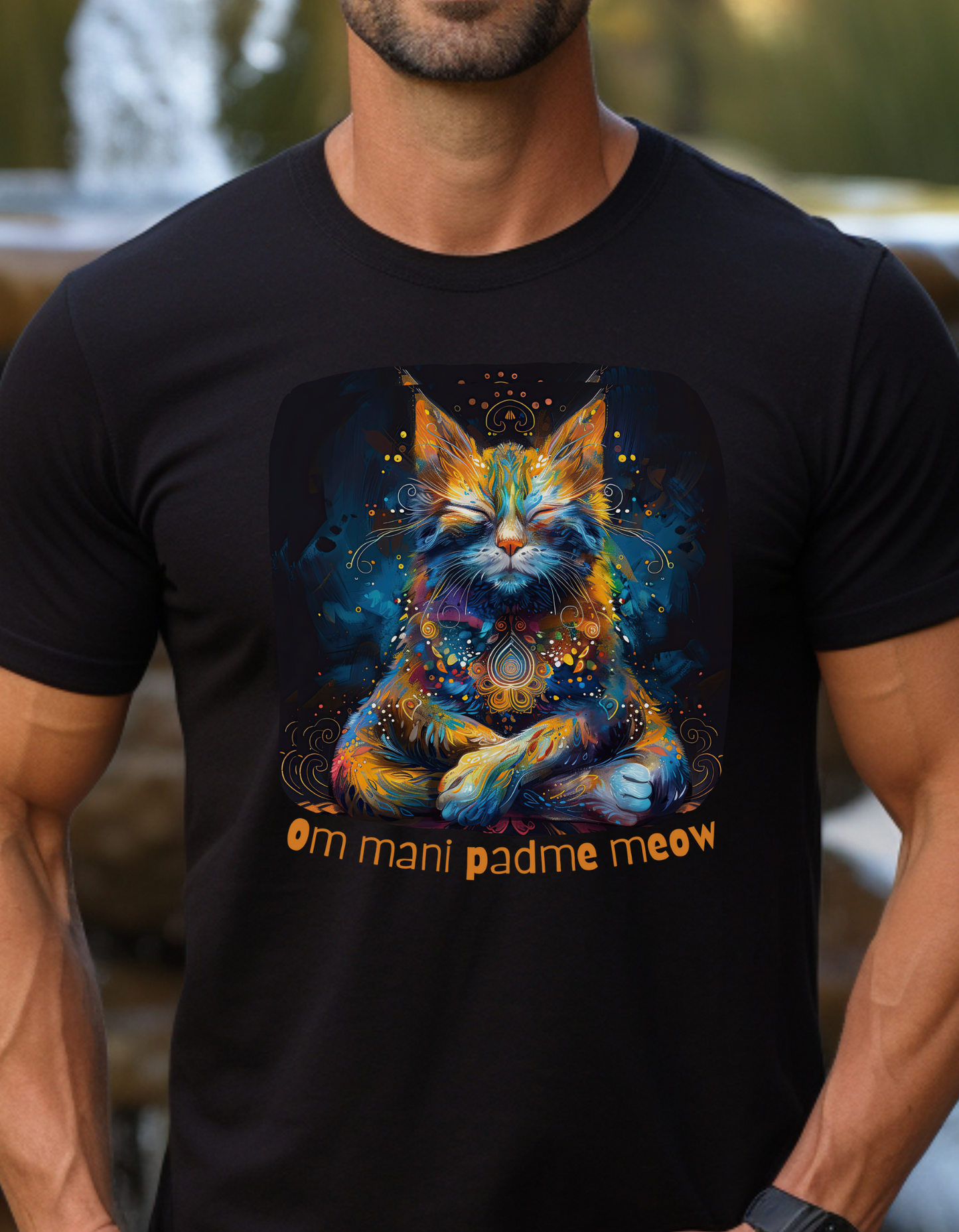Mani Padme Meow (Version 2) - Meditating Cat Shirt, Cat Lover's Graphic Tee Graphic Unisex T- Shirt, T-Shirt Cat Lovers Gift Softstyle T-Shirt Tee Teeshirt Stylized Cat