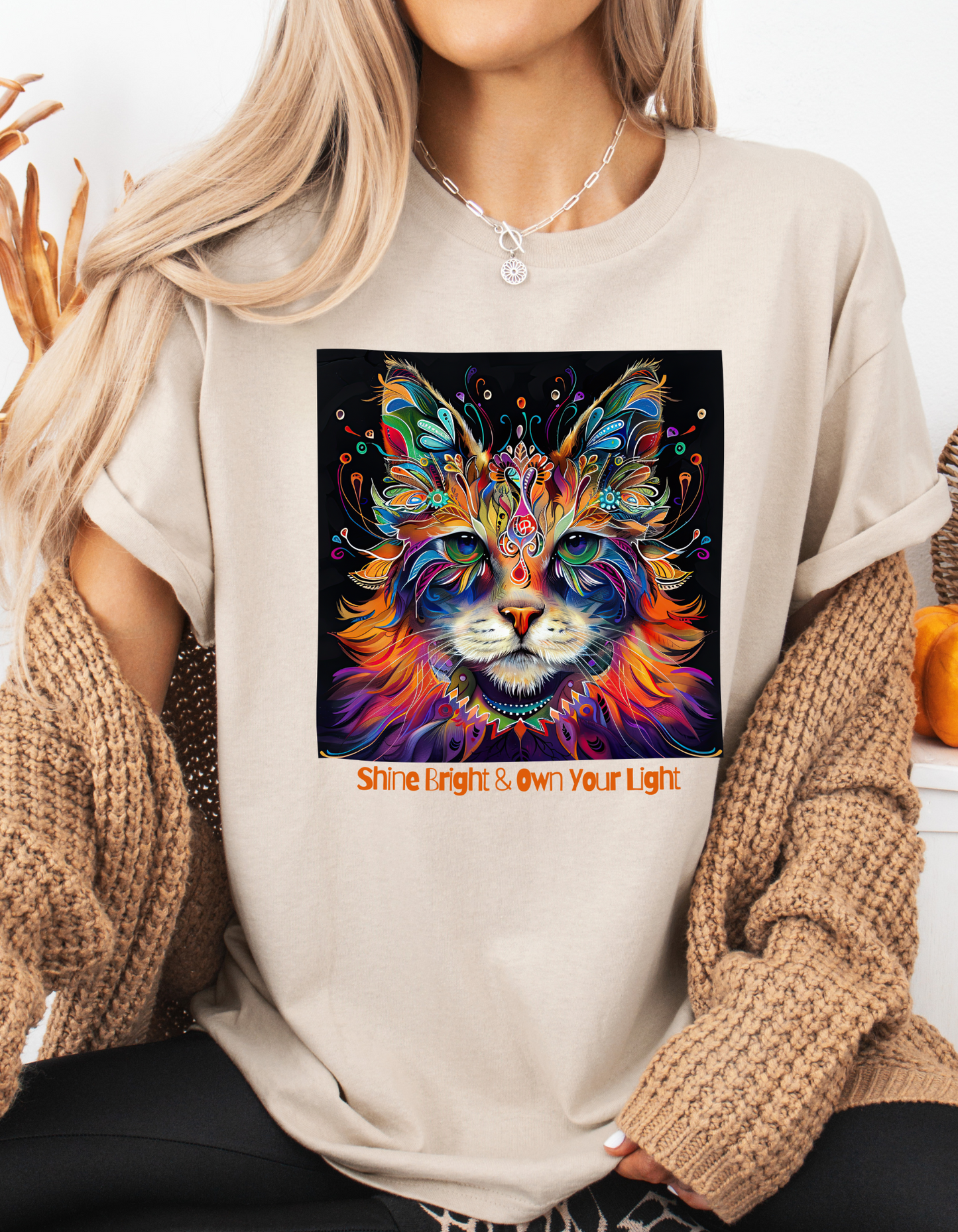 "Shine Bright and Own Your Light" Cat Shaman Graphic Cat Tee, Cat Lover's Graphic Tee Graphic Unisex T- Shirt, T-Shirt Cat Lovers Gift Softstyle T-Shirt Tee Teeshirt Stylized Cat