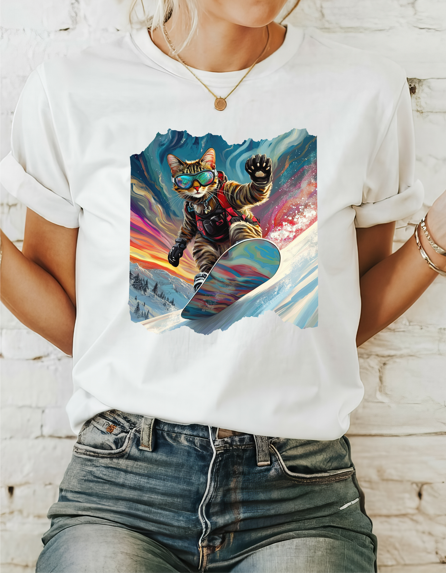 Snowboard Cat, Winter Ski Cat Art Gift - Cool Cats Unisex Heavy Cotton Tee T-Shirt