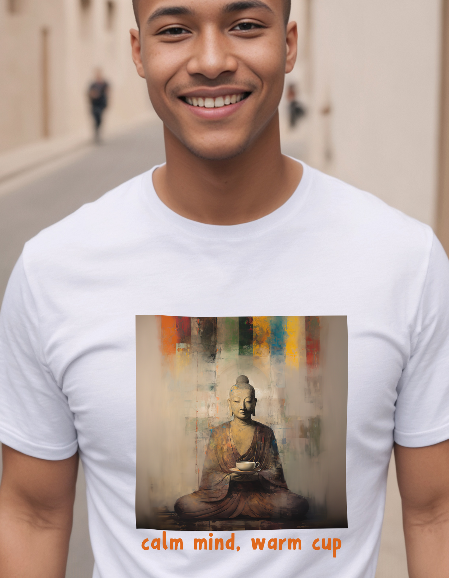 Calm MInd, Warm Cup - Coffee Tea Lover Buda Buddha Budda Unisex Graphic Tee - Jersey Short Sleeve Tee Shirt, Softstyle T-Shirt Men Woman