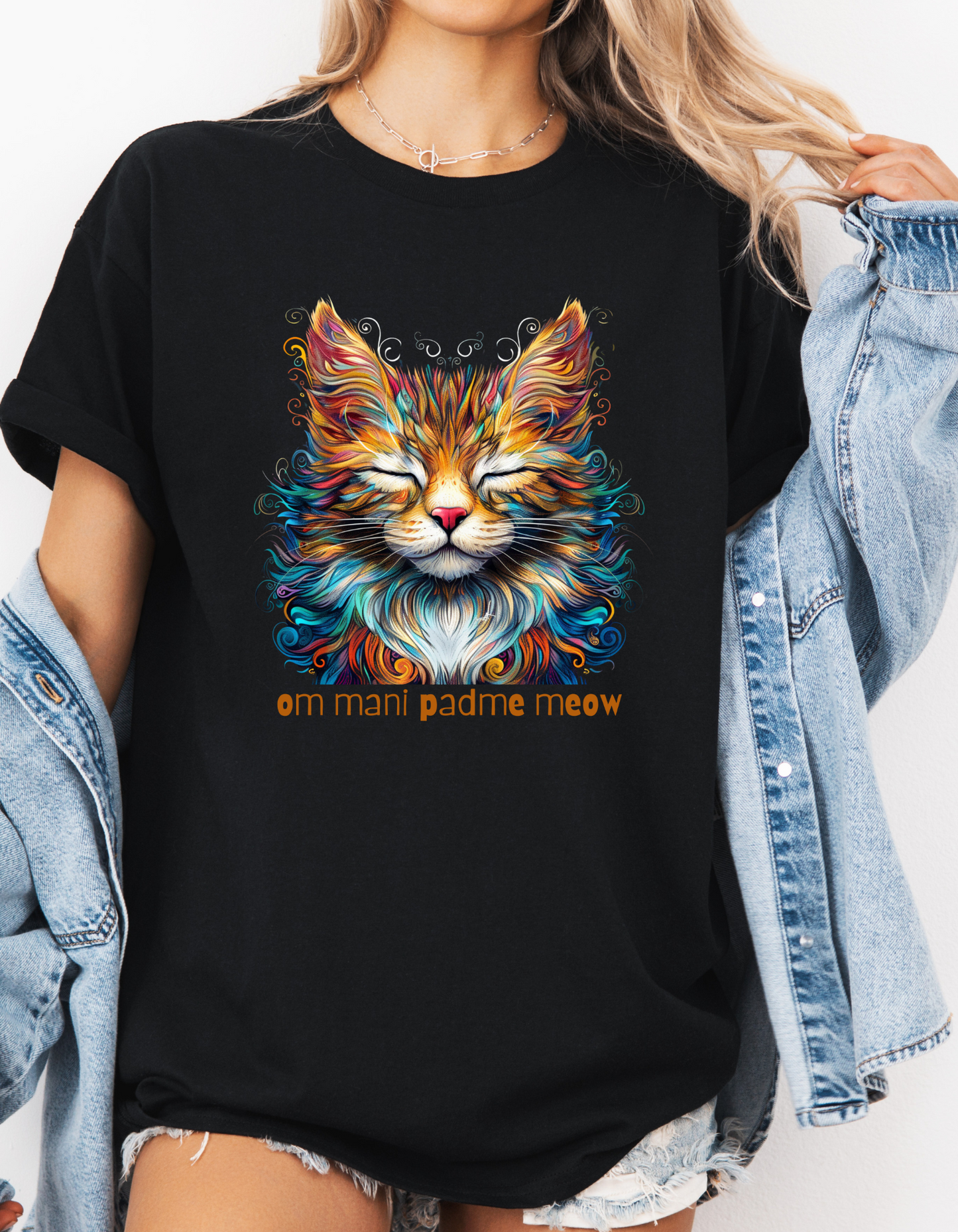 Om Mani Padme Meow - Meditating Cat Shirt, Cat Lover's Graphic Tee Graphic Unisex T- Shirt, T-Shirt Cat Lovers Gift Softstyle T-Shirt Tee Teeshirt Stylized Cat
