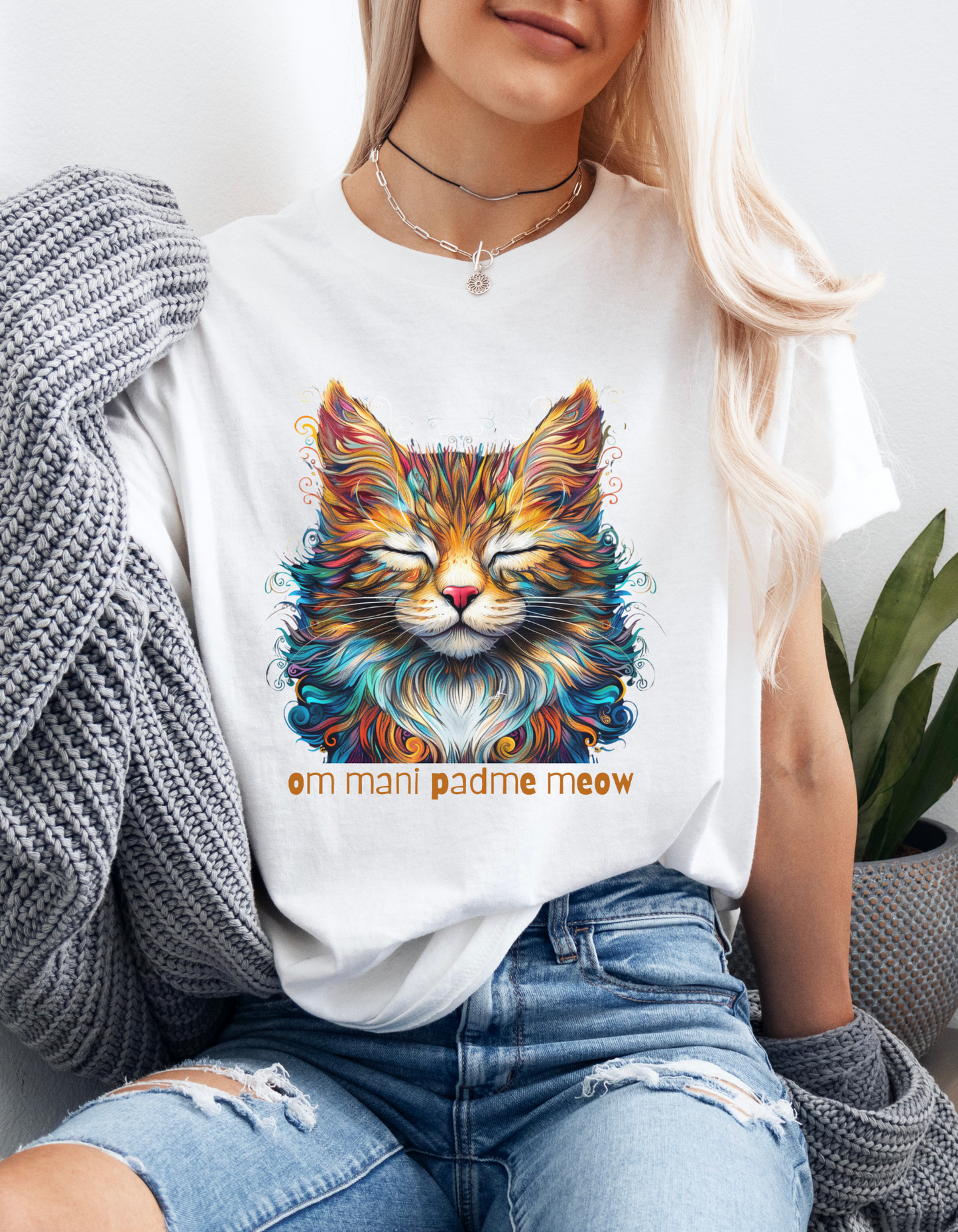 Om Mani Padme Meow - Meditating Cat Shirt, Cat Lover's Graphic Tee Graphic Unisex T- Shirt, T-Shirt Cat Lovers Gift Softstyle T-Shirt Tee Teeshirt Stylized Cat