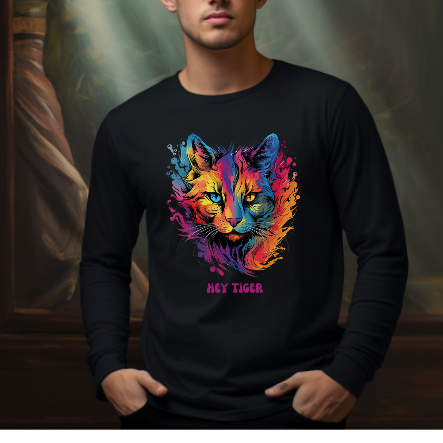 'Hey Tiger,' Pride Rainbow Colors Cat Long Sleeve Shirt LGBTQ+ Unisex Jersey Long Sleeve Tee Shirt, T-Shirt, Cat Lover