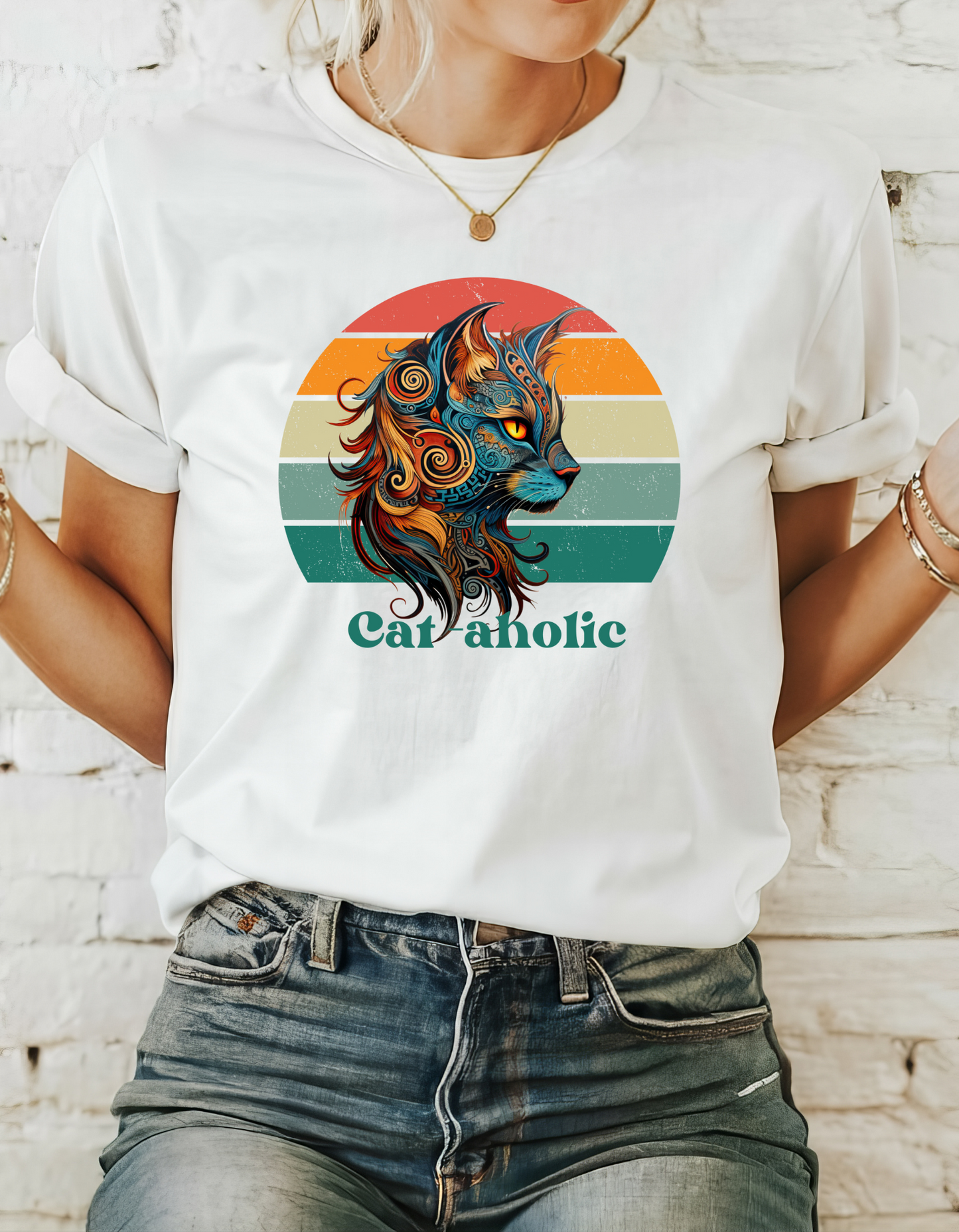 Retro Cat-aholoic Cat Shirt, Cat Lover's Graphic T-shirt, Boho retro Gift Unisex Tee Shirt, T-Shirt Cat Lovers Gift Softstyle T-Shirt Tee Teeshirt 60s 70s