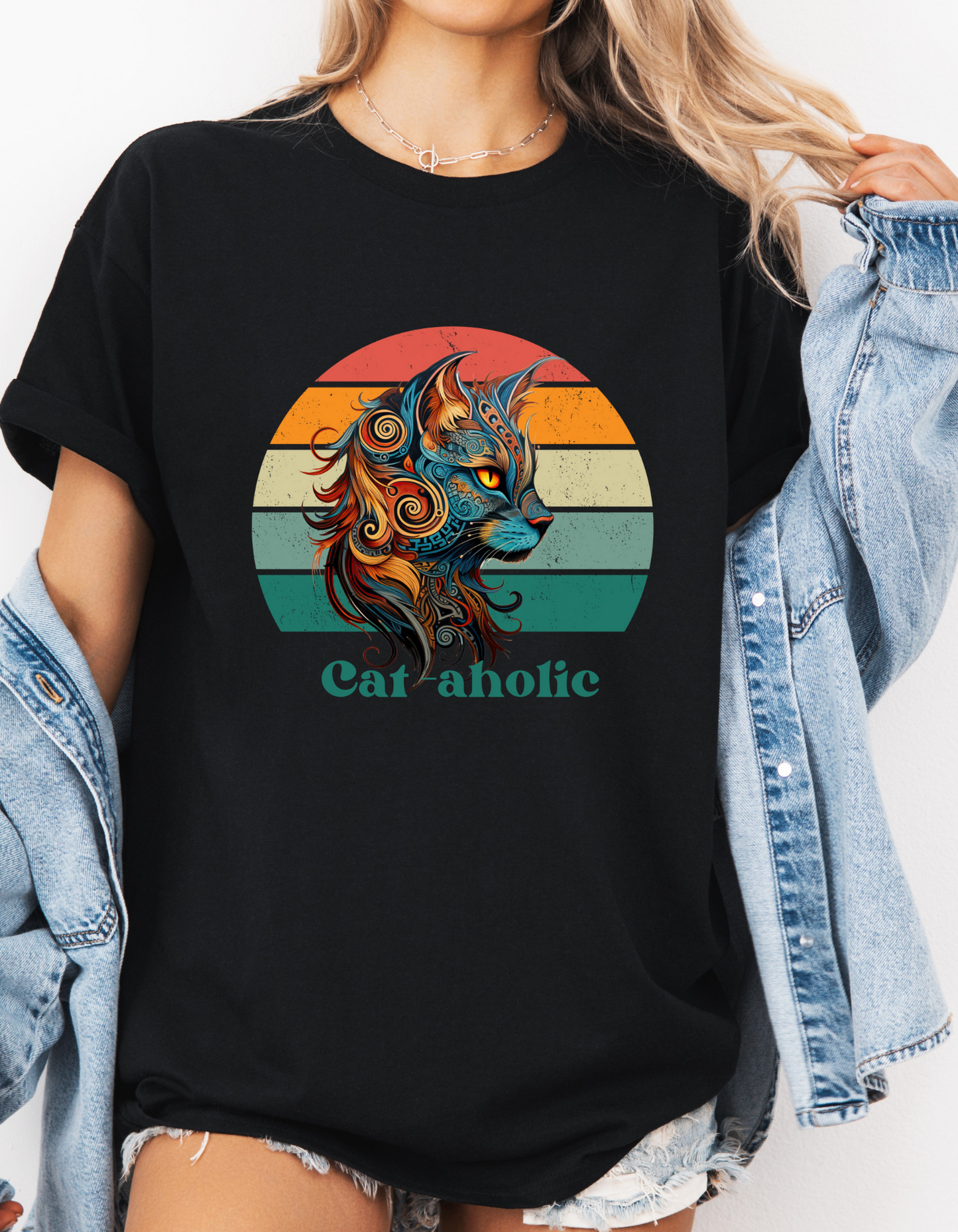 Retro Cat-aholoic Cat Shirt, Cat Lover's Graphic T-shirt, Boho retro Gift Unisex Tee Shirt, T-Shirt Cat Lovers Gift Softstyle T-Shirt Tee Teeshirt 60s 70s