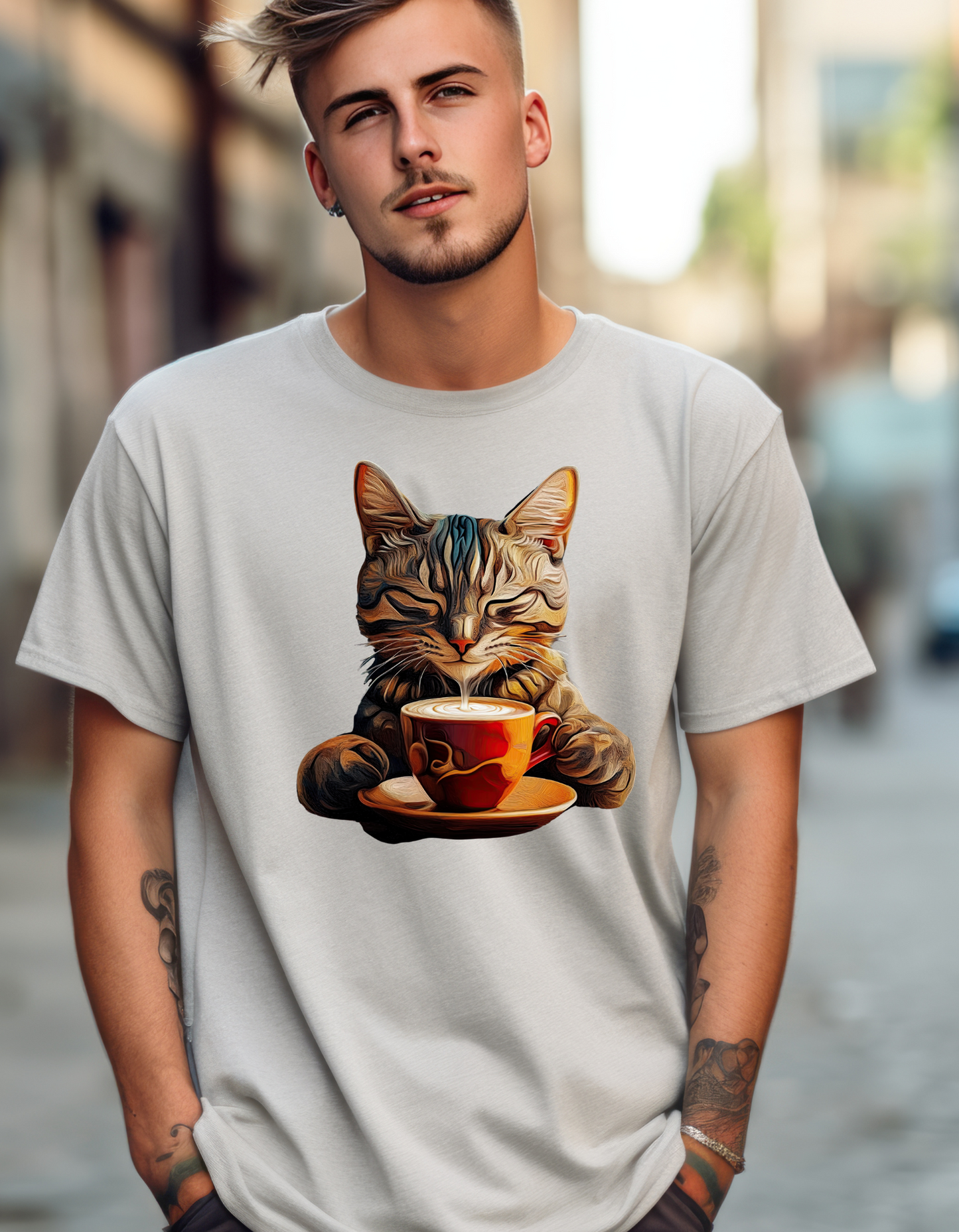 Coffee Cat - (V3) Cats and Coffee , Tea Shirt - T-shirt Coffee Lover - Cat Lover Unisex Heavy Cotton Tee T-Shirt