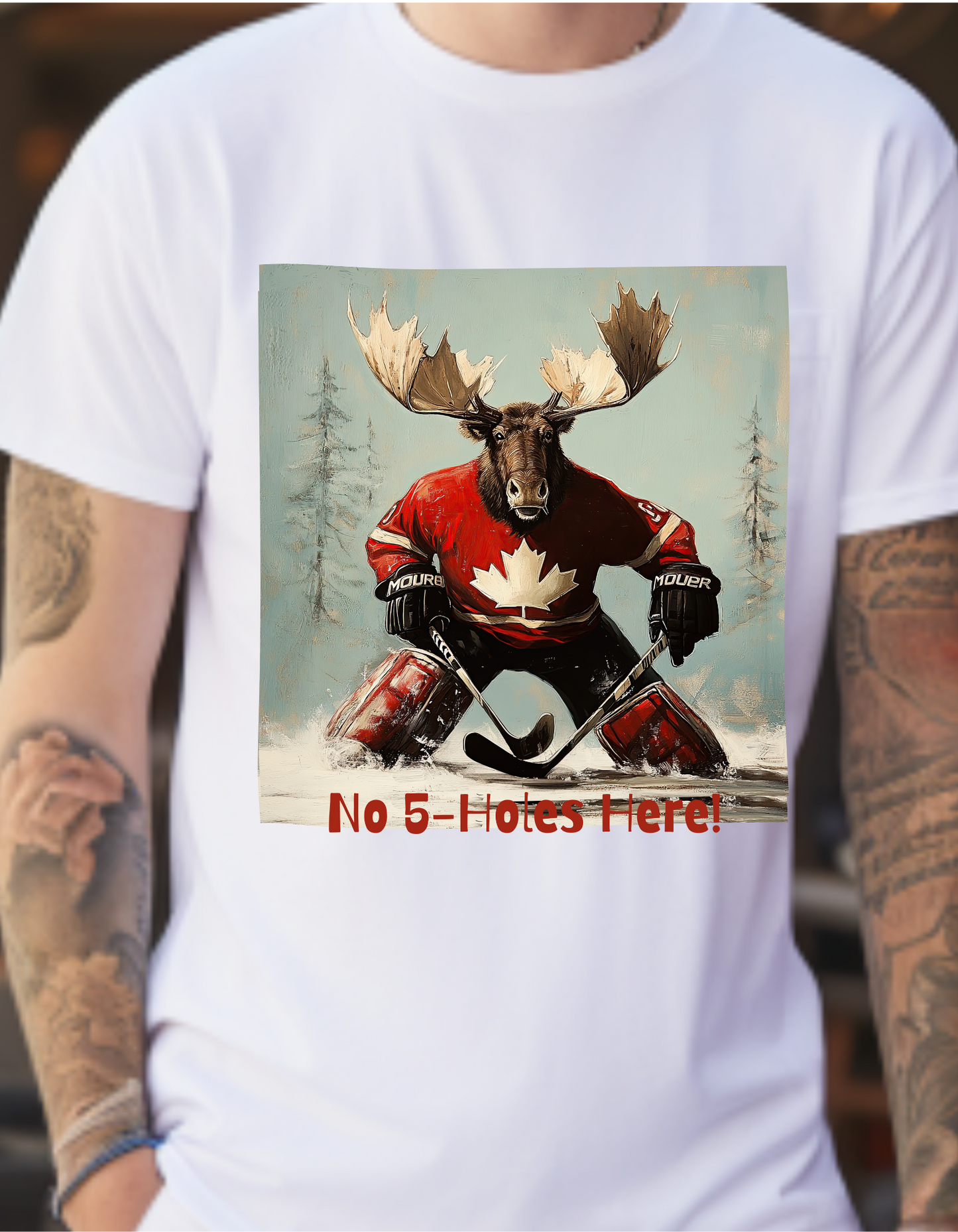 "No 5-Holes Here!" Hockey Player Goalie Moose - Moose Lover Hockey Graphic Tee Unisex Heavy Cotton Tee T-Shirt