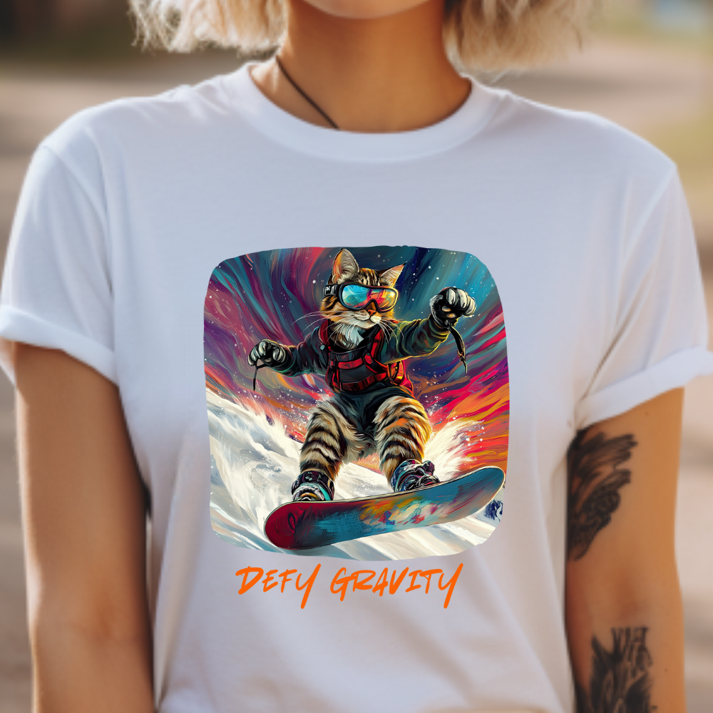 Defy Gravity Snowboard Cat Graphic Tee - Extreme Winter Sports Ski Cat Art Gift - Cool Cats Unisex Heavy Cotton Tee T-Shirt