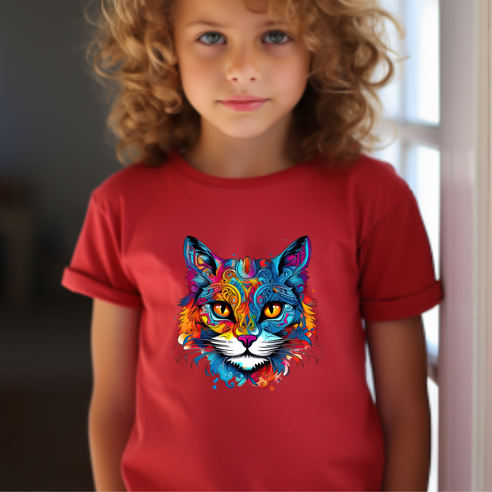 Jewel Tone Kids Cat Graphic Tee - Vibrant Cute Cat Design for Young Cat Lovers
