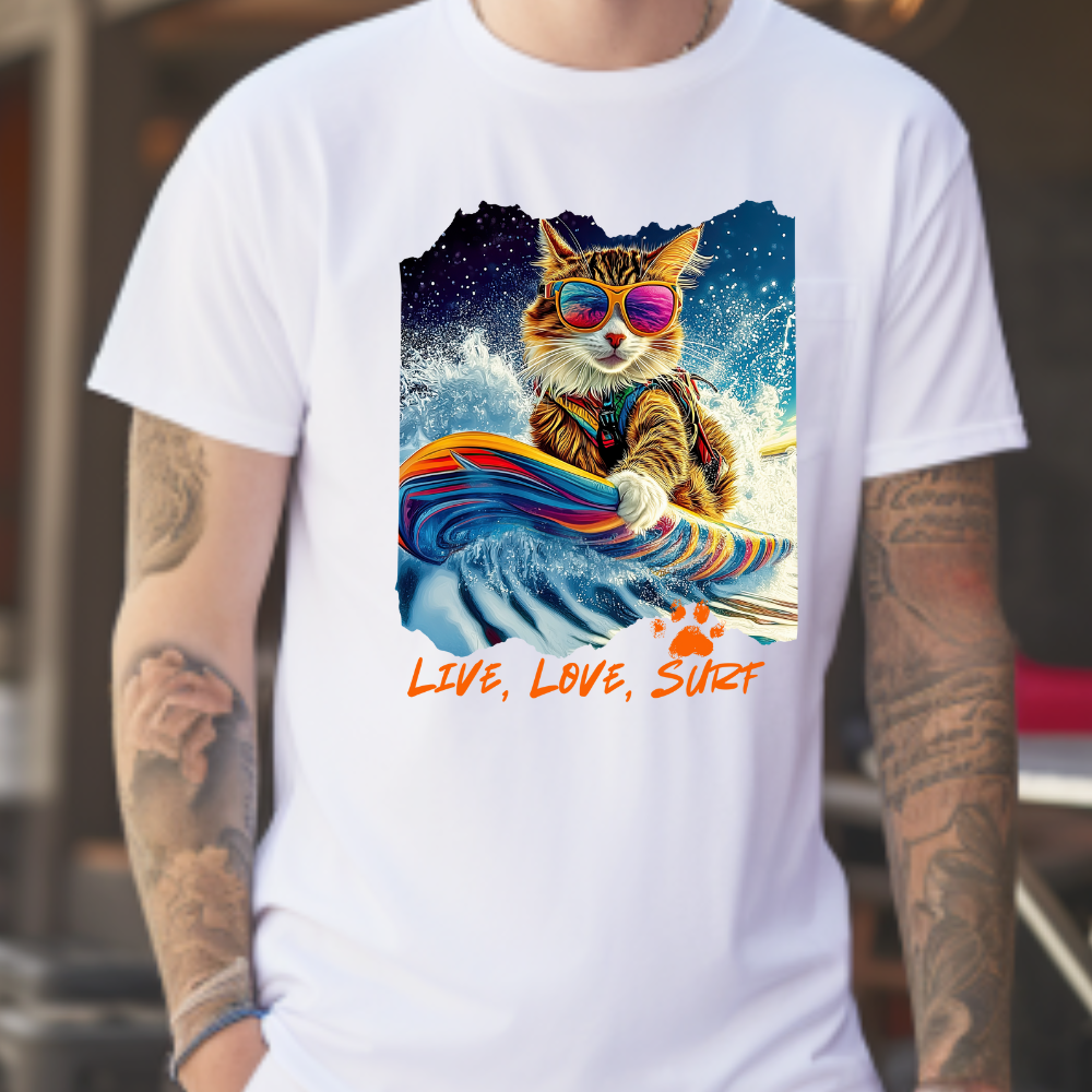 Live, Love Surf - Surfer Cat Graphic Tee, Cat on Surfboard reads "Live, Love Surf" Surf Life Cat ,Art Gift - Cool Cats Unisex Heavy Cotton Tee T-Shirt