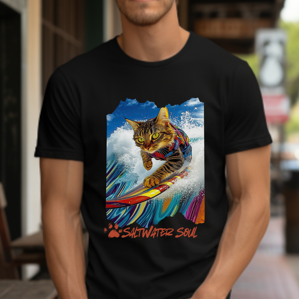 Saltwater Soul Surfer Cat, T-shirt, Cat on Surfboard Graphic Tee- Water Sports Cat Cat Art Gift - Cool Cats Unisex Heavy Cotton Tee T-Shirt