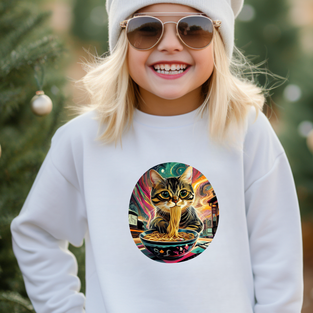 Slurping Noodle Ramen Bowl Cats for Kids Sweatshirt - Slurping Noodle Kitty Cat Youth Crewneck Sweatshirt -Christmas Cat Gift