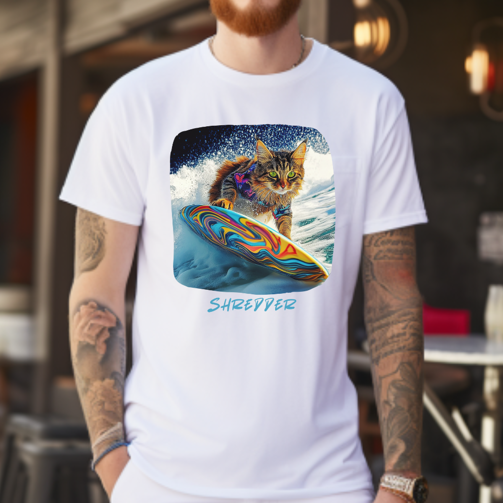 Shredder Surfer Cat, "Shredder" T-shirt, Cat on Surfboard Graphic Tee- Water Sports Cat (V1) Cat Art Gift - Cool Cats Unisex Heavy Cotton Tee T-Shirt