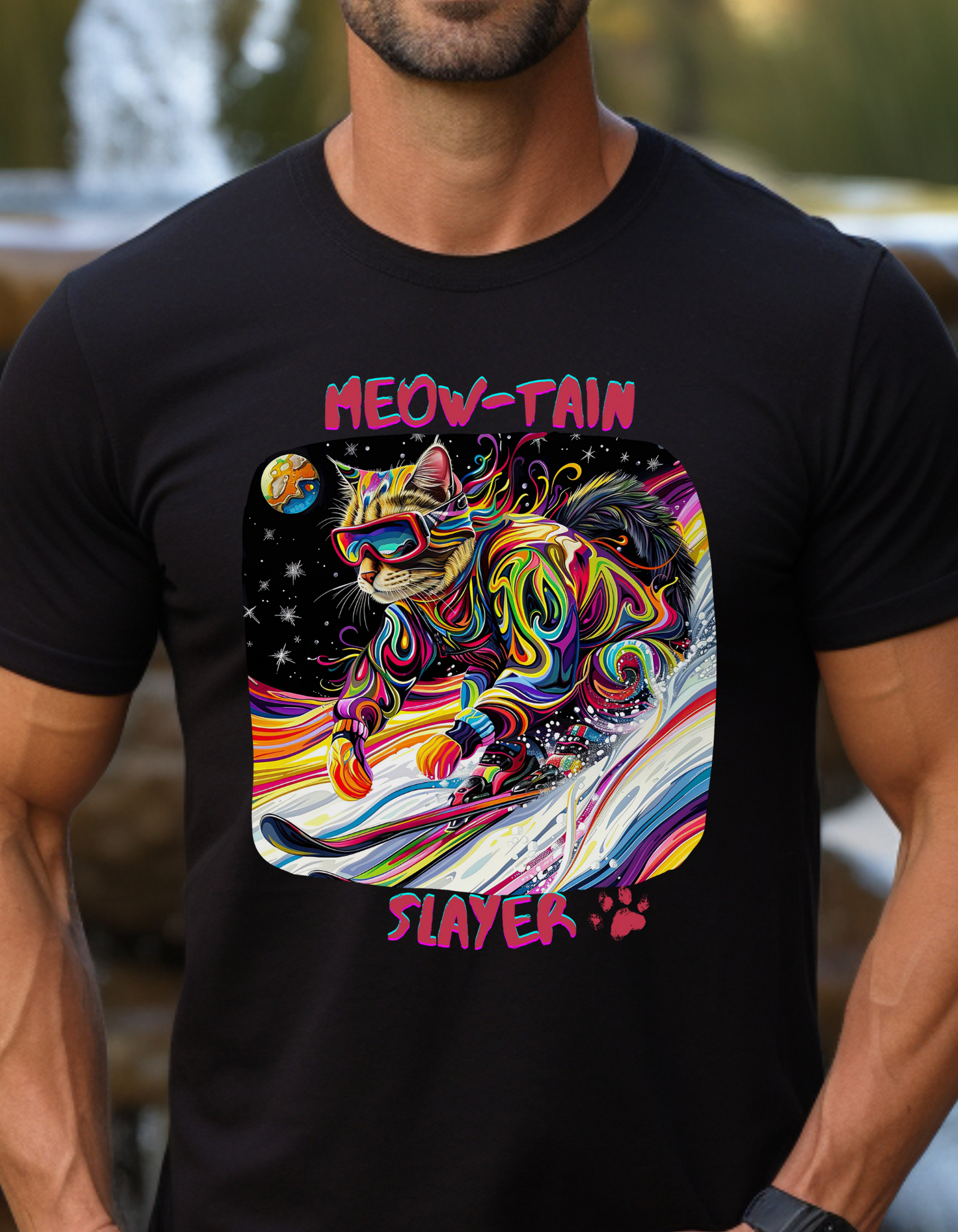 Meow-tain Slayer - Ski, Snow, Snowboard Winter Sports Cat Cat Art Graphic Tee, Ski Gift - Cool Cats Unisex Heavy Cotton Tee T-Shirt